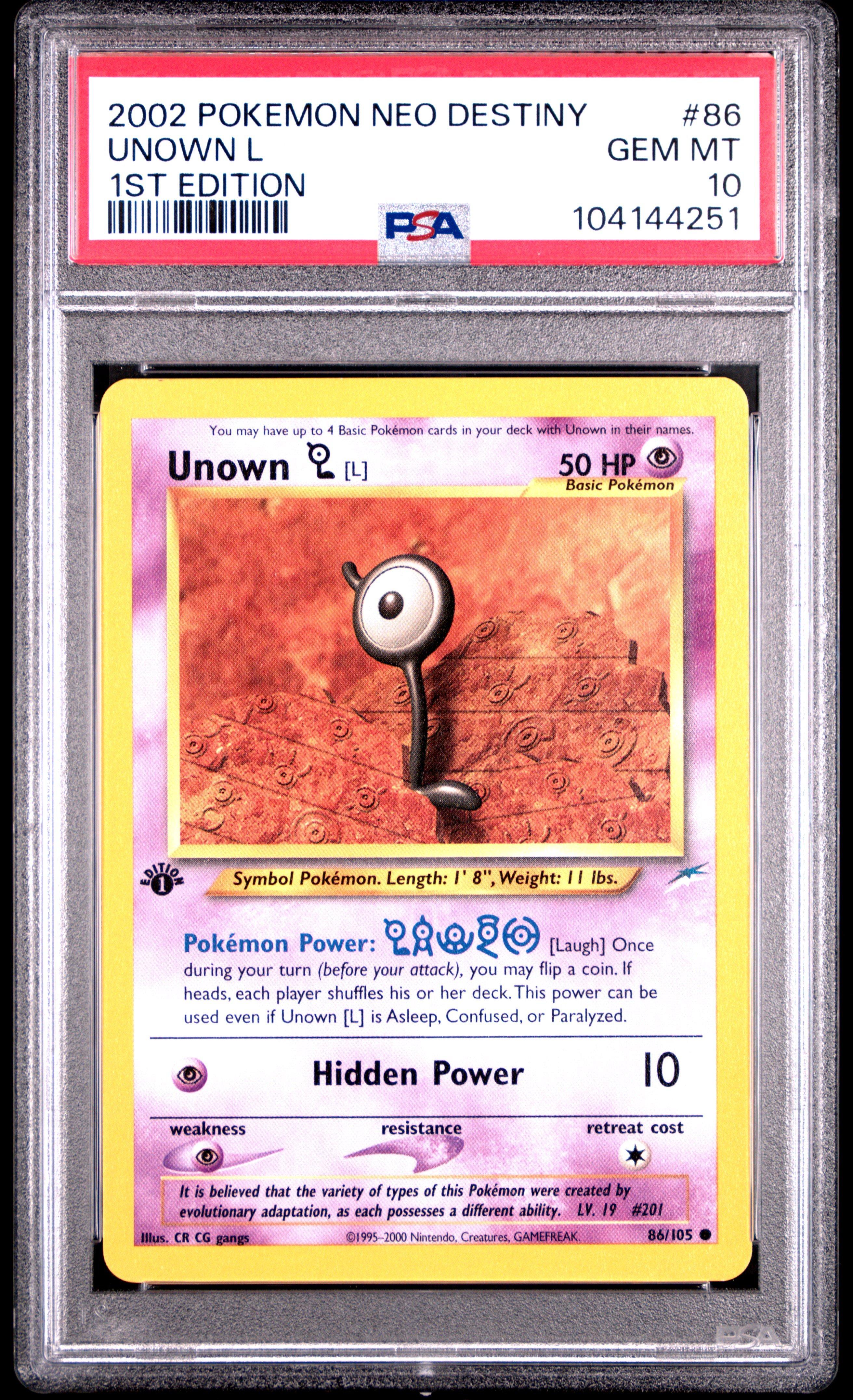 2002 Pokemon Neo Destiny 86 Unown L 1st Edition PSA 10 Graded Card