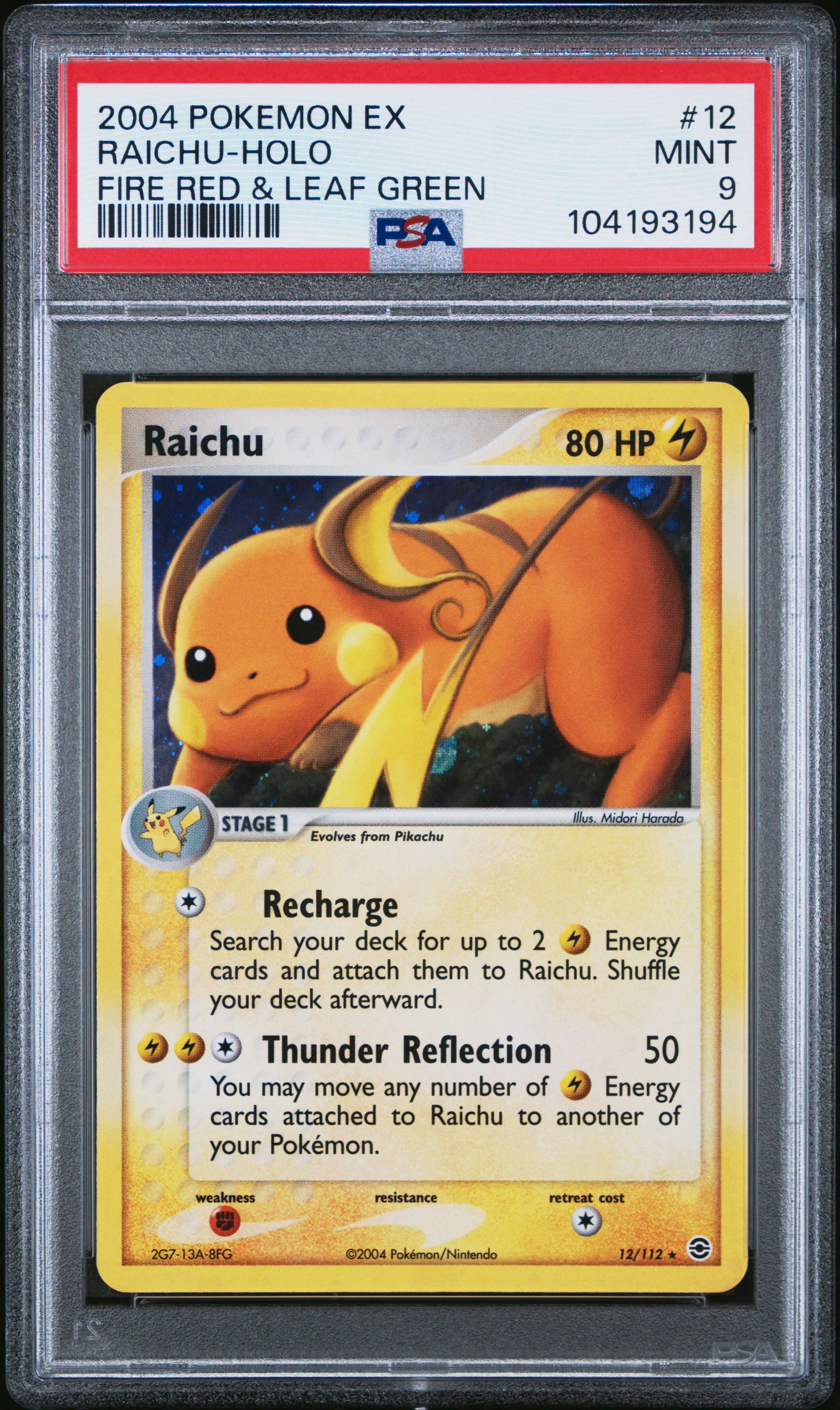 2004 Pokemon Ex Fire Red & Leaf Green 12 Raichu-holo PSA 9 Graded