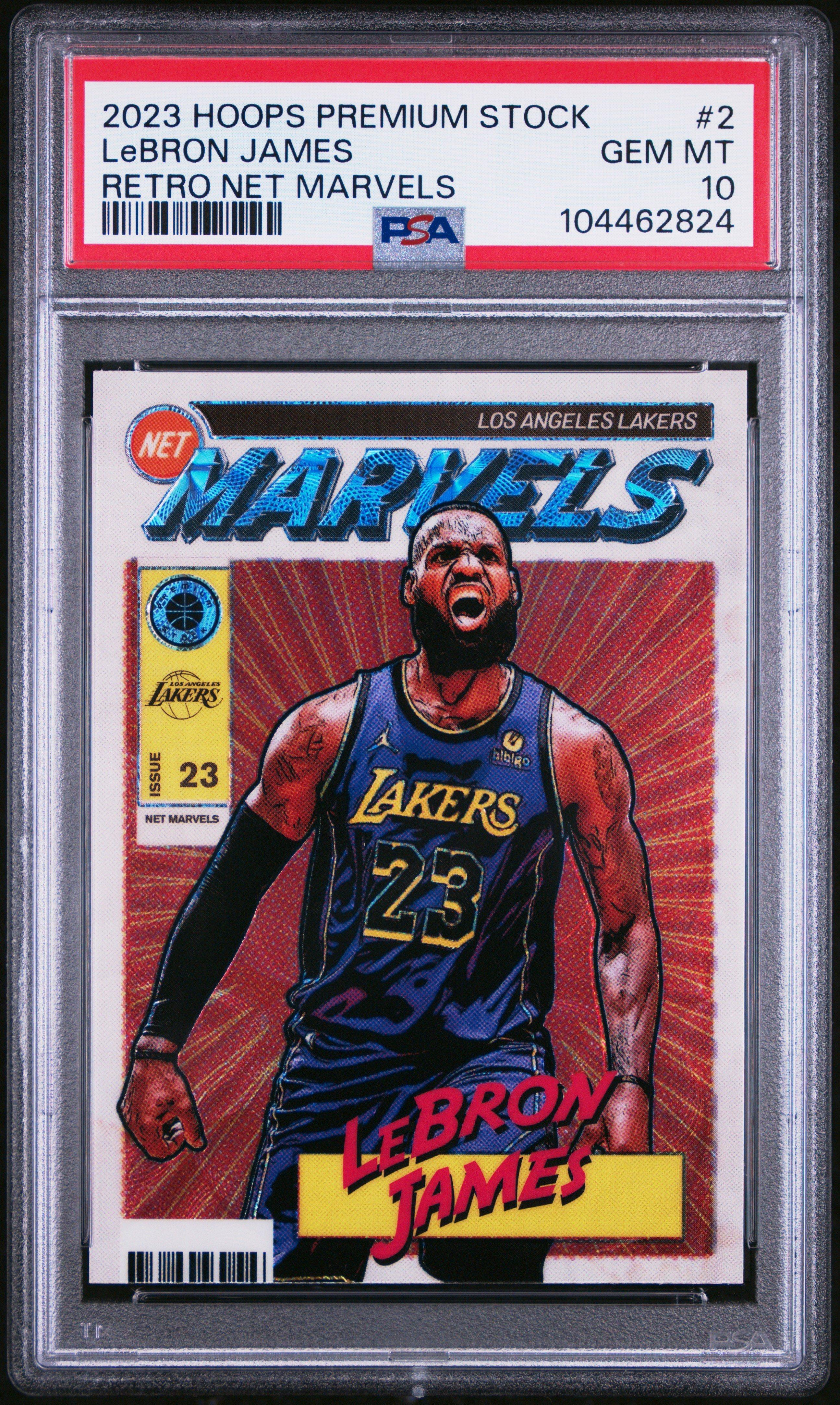 2023 Panini Hoops Premium Stock Retro Net Marvels 2 Lebron James PSA 10