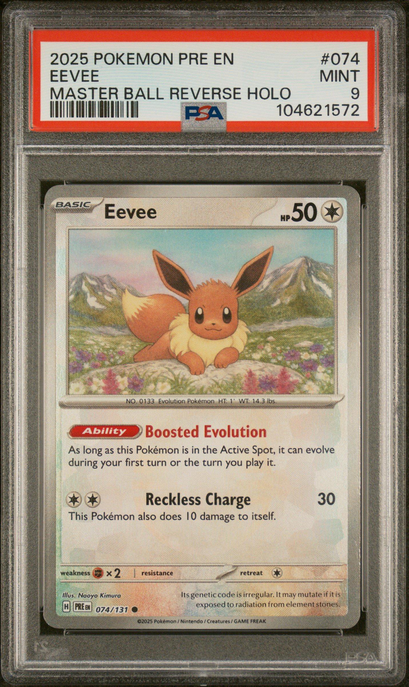 2025 Pokemon Pre En-prismatic Evolutions 074 Eevee Master Ball Reverse Holo PSA