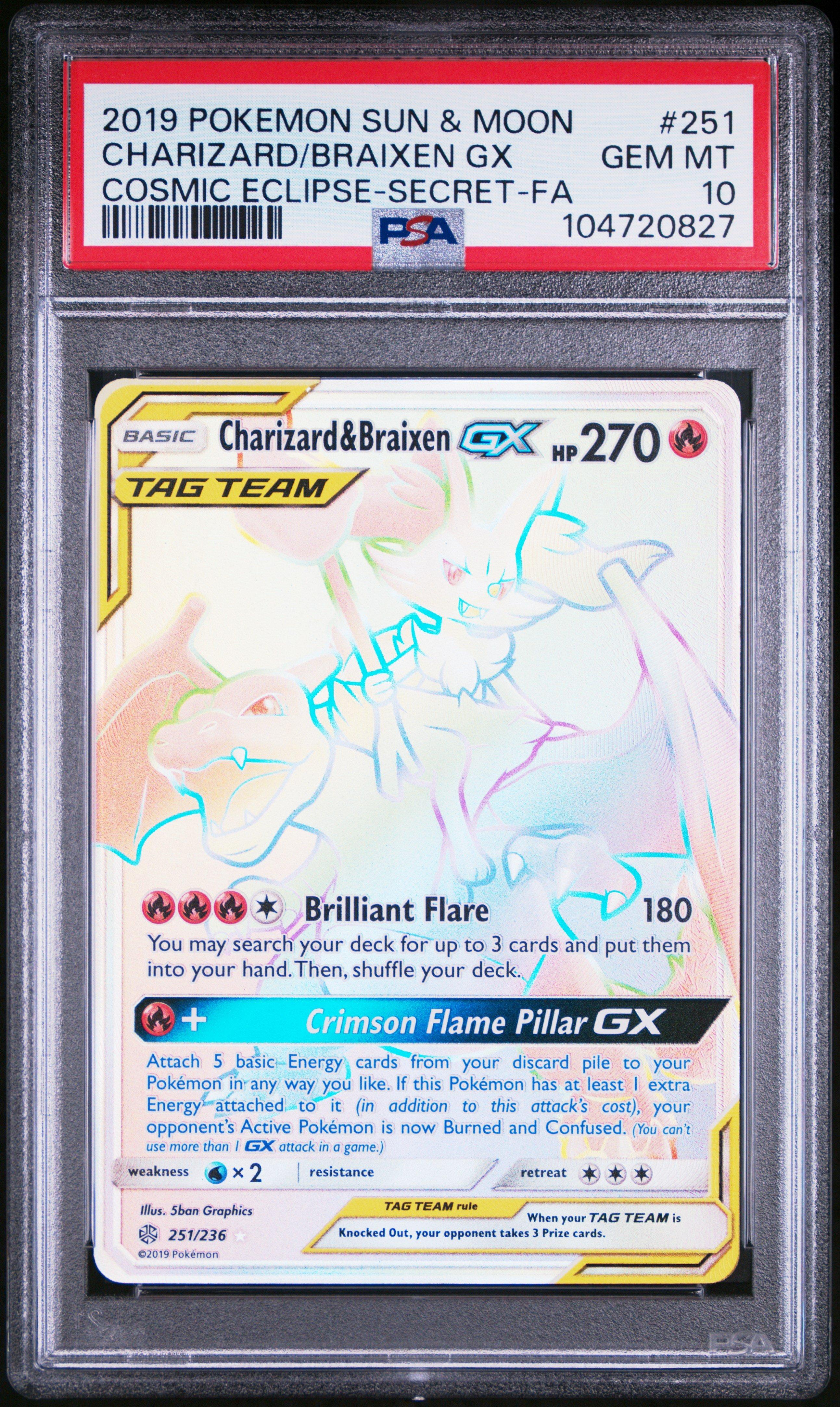 2019 Pokemon Sun & Moon Cosmic Eclipse 251 Full Art/charizard & Braixen Gx Secret PSA