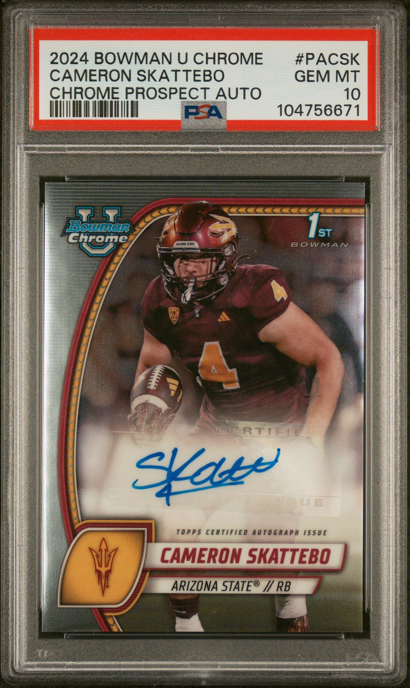 2024 Bowman University Chrome Bowman Chrome Prospect Autographs Pacsk Cameron Skattebo PSA 10