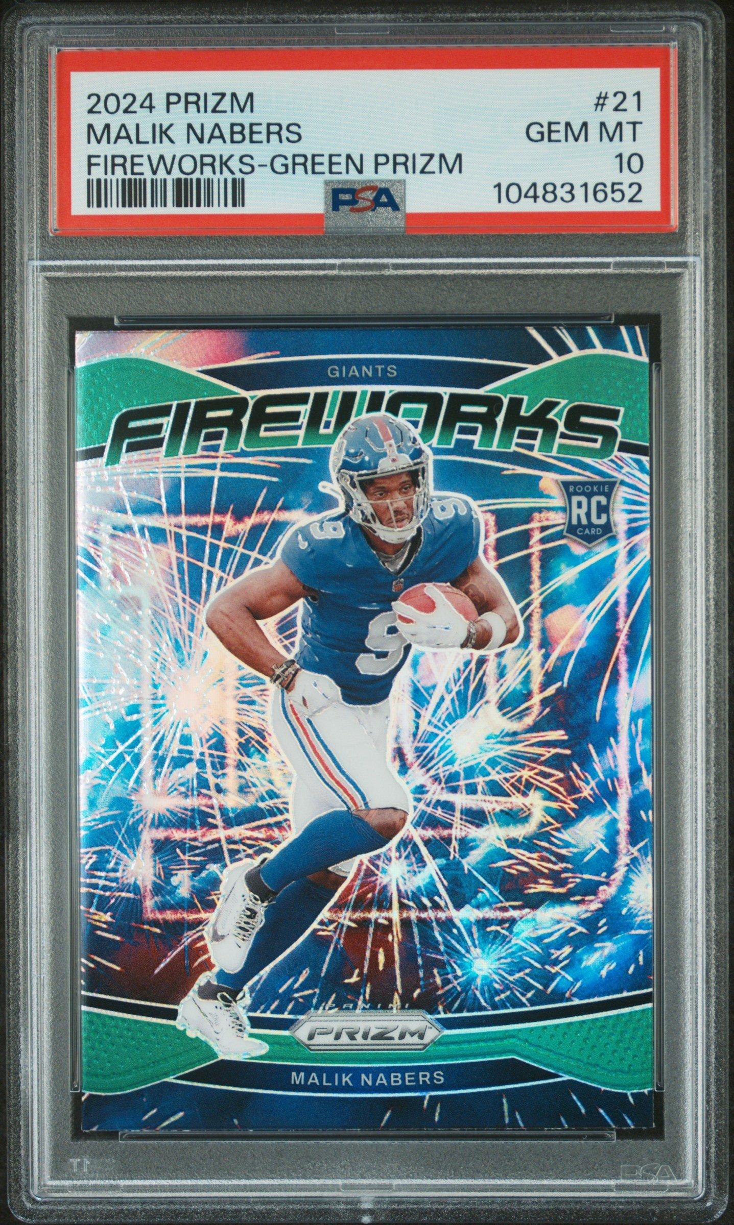 2024 Panini Prizm Fireworks 21 Malik Nabers Green Prizm PSA 10