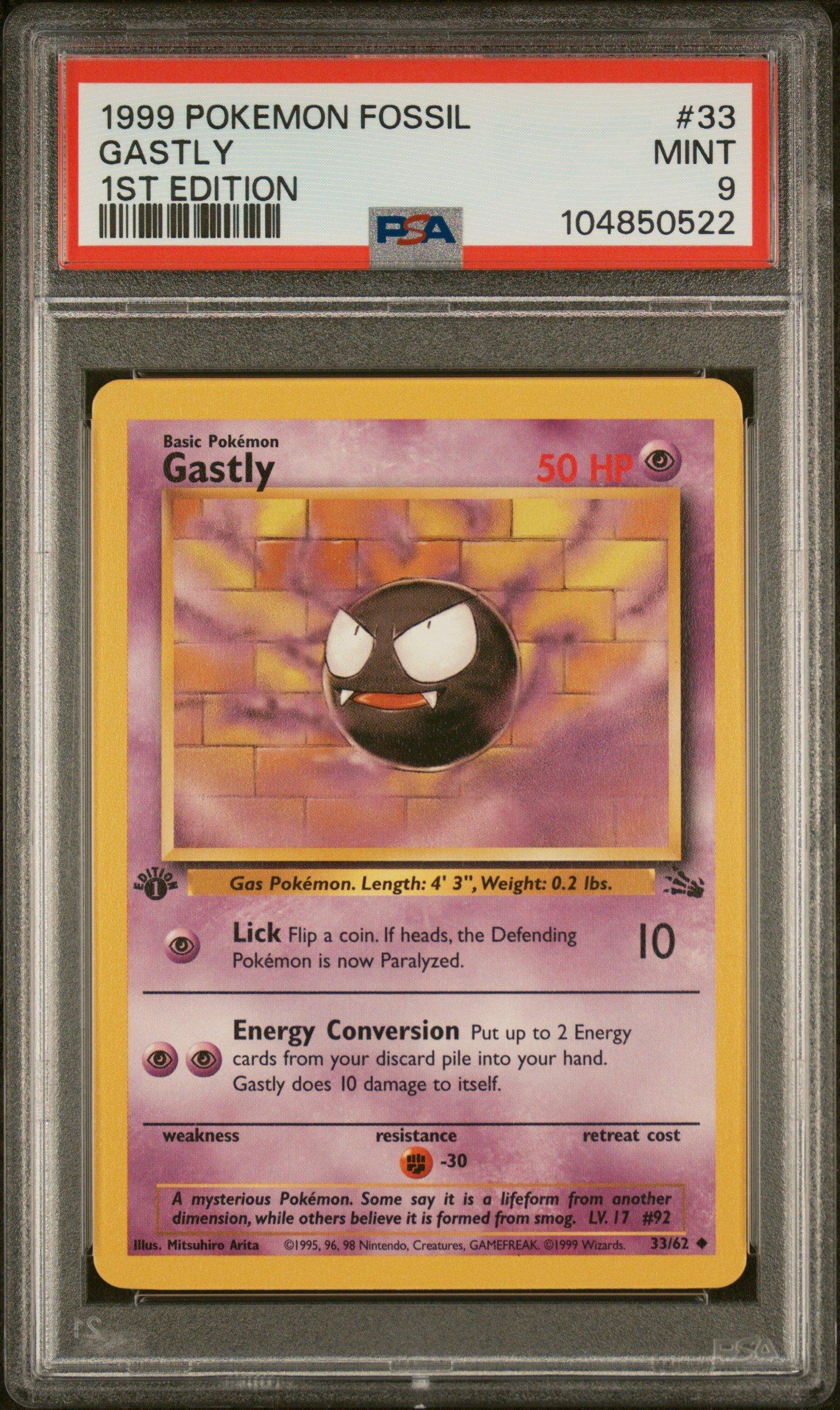 1999 gastly pokemon card 1999 Pokemon Fossil 33 Gastly 1st Edition PSA 9 Graded Card