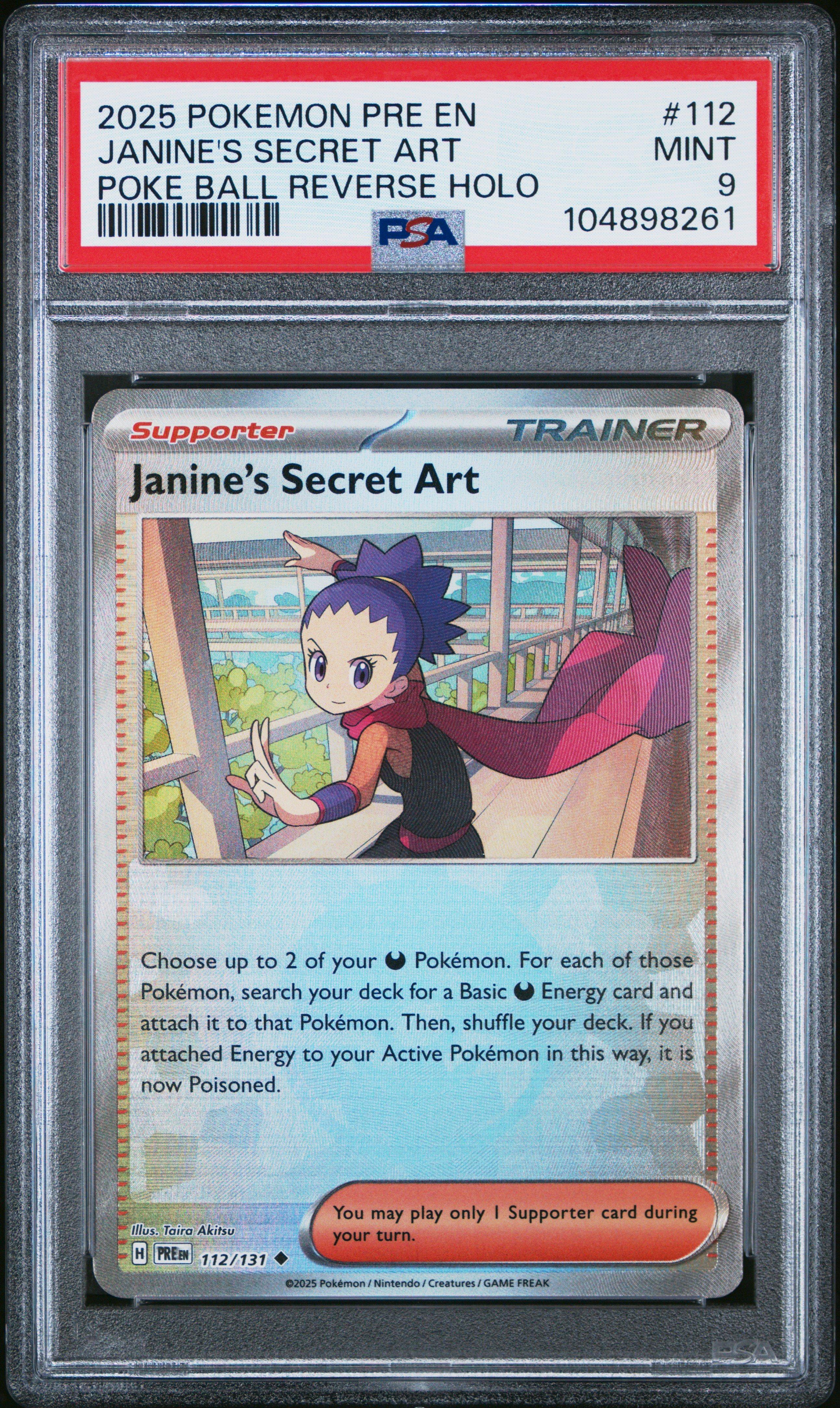 2025 Pokemon Pre En-prismatic Evolutions 112 Janine's Secret Art Poke Ball Reverse Holo PSA
