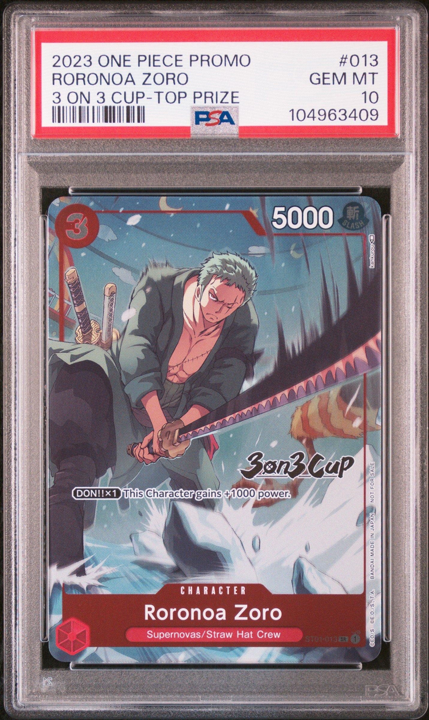 2023 One Piece Promos 013 Roronoa Zoro 3 On 3 Cup-top Prize PSA 10