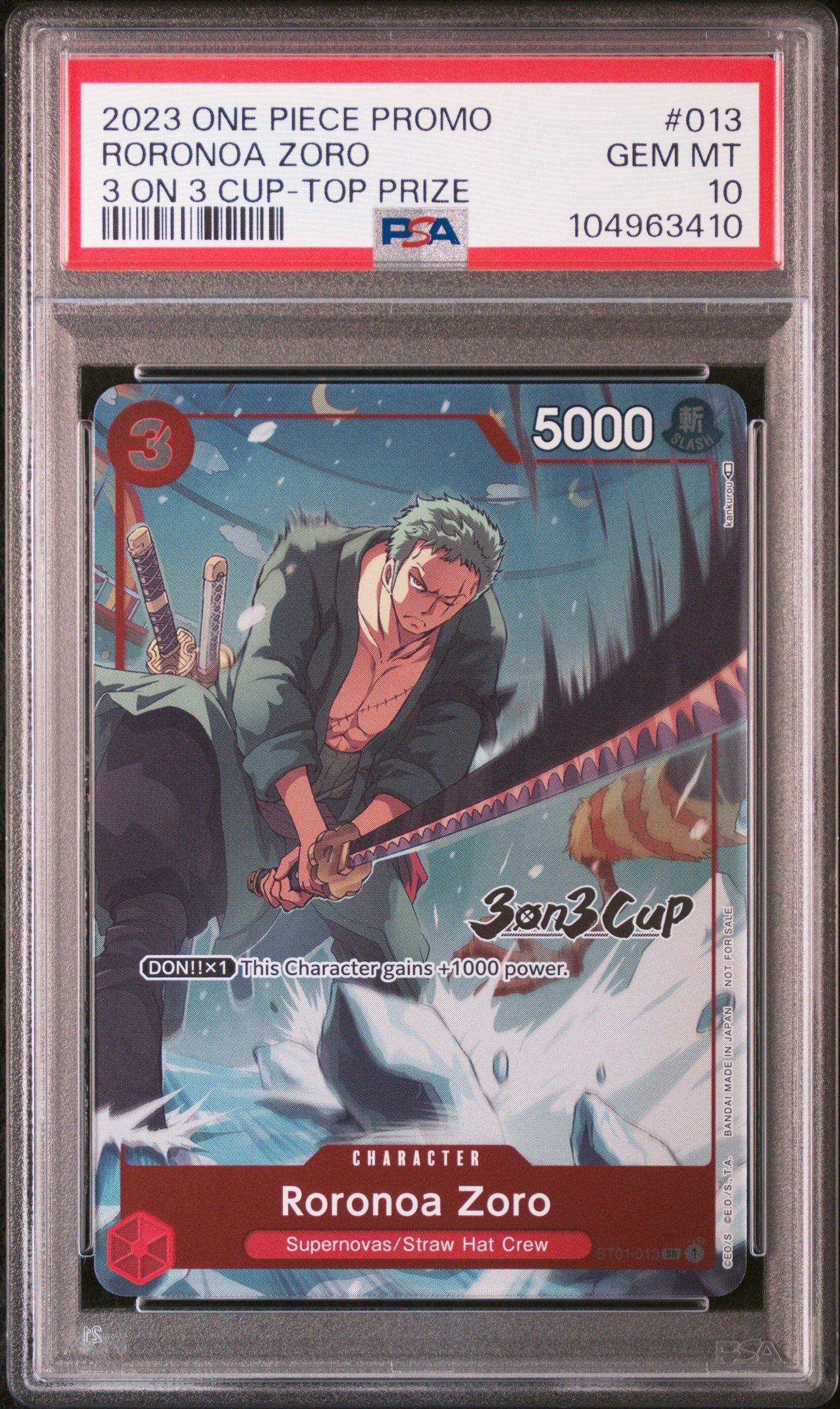 2023 One Piece Promos 013 Roronoa Zoro 3 On 3 Cup-top Prize PSA 10