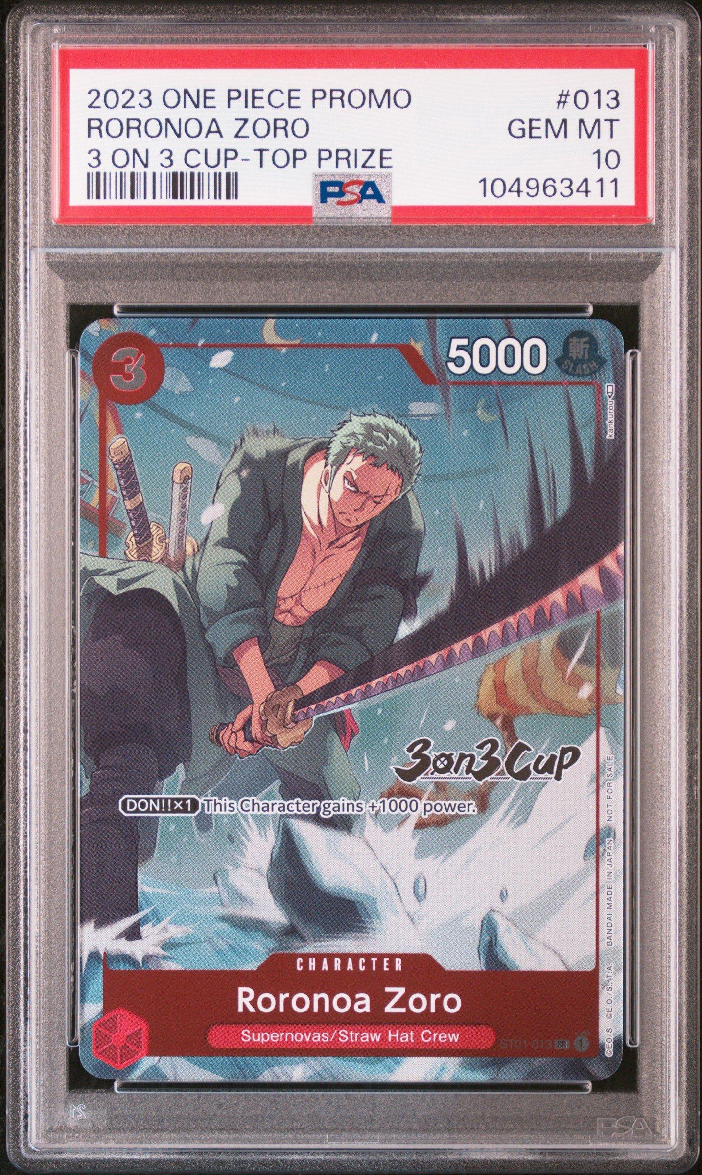 2023 One Piece Promos 013 Roronoa Zoro 3 On 3 Cup-top Prize PSA 10