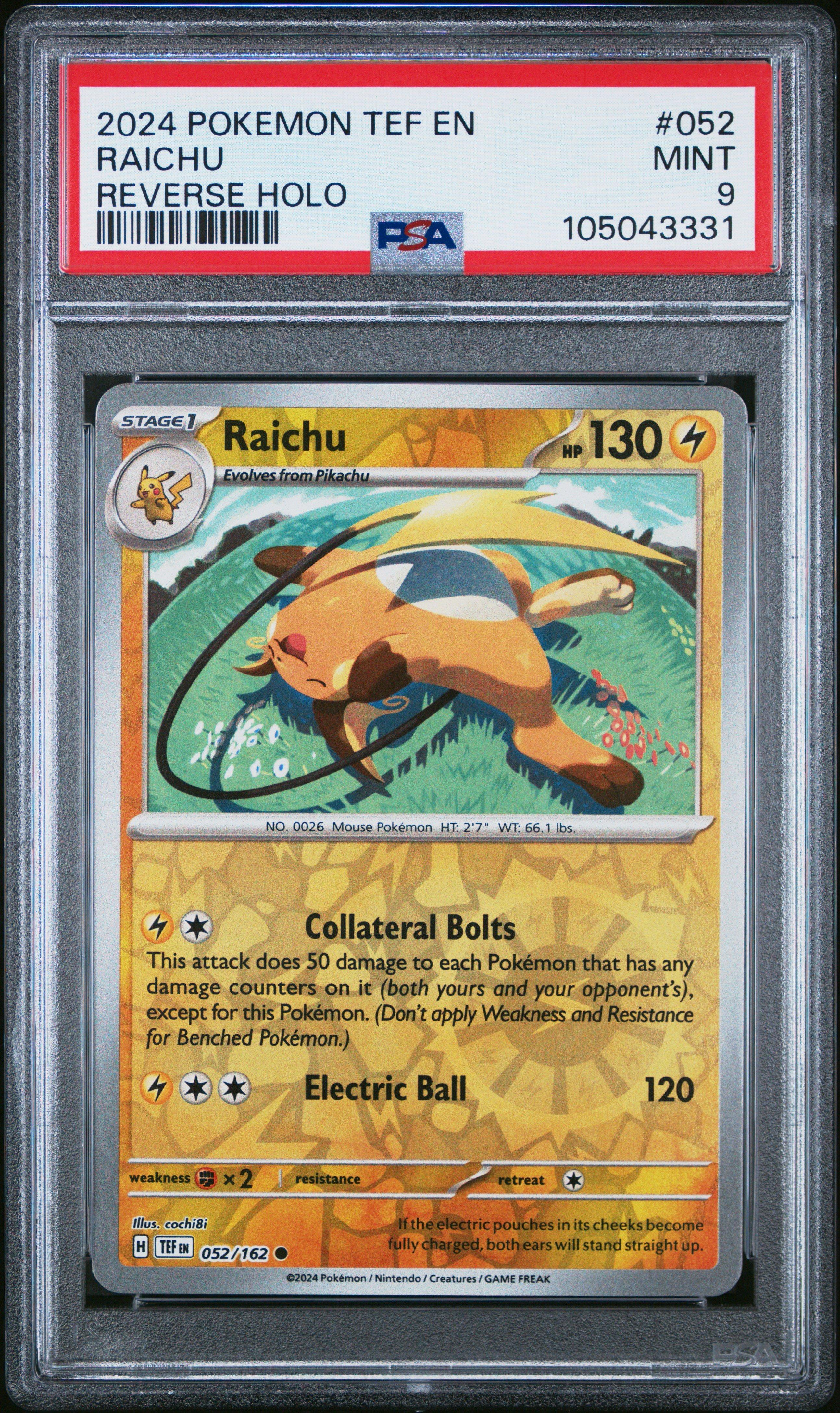 2024 Pokemon Tef En-temporal Forces 052 Raichu Reverse Holo PSA 9