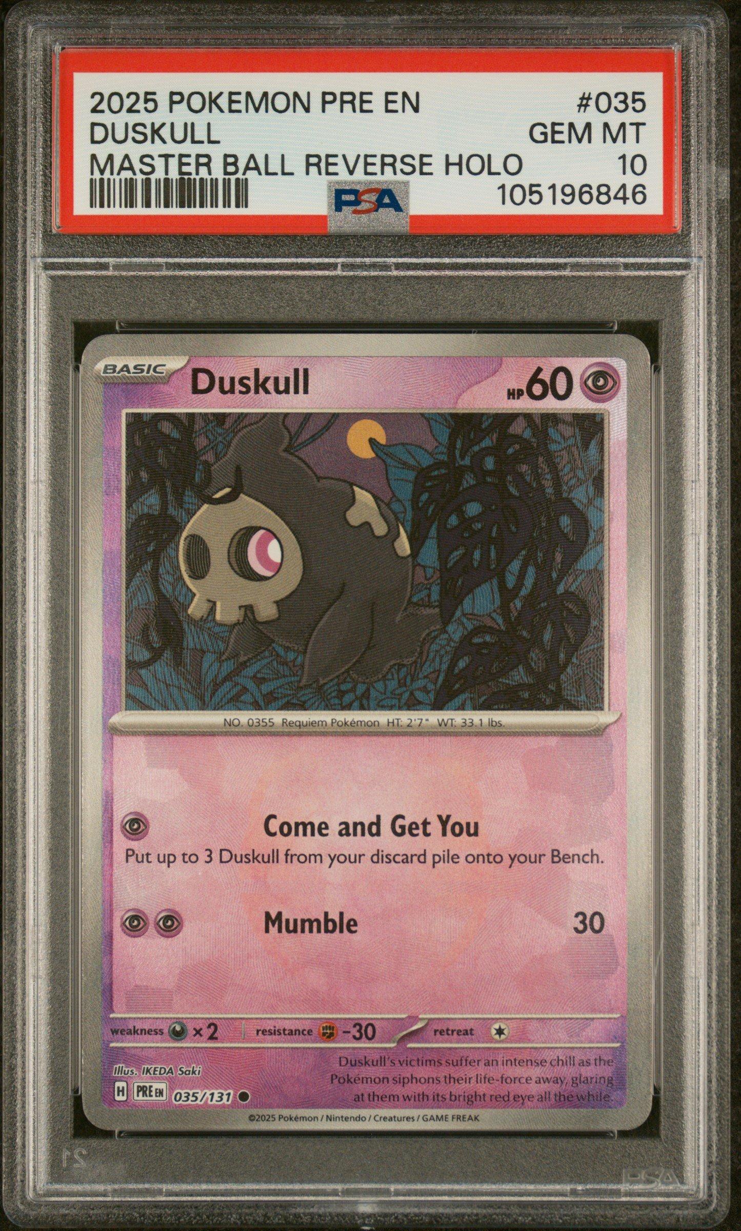 2025 Pokemon Pre En-prismatic Evolutions 035 Duskull Master Ball Reverse Holo PSA