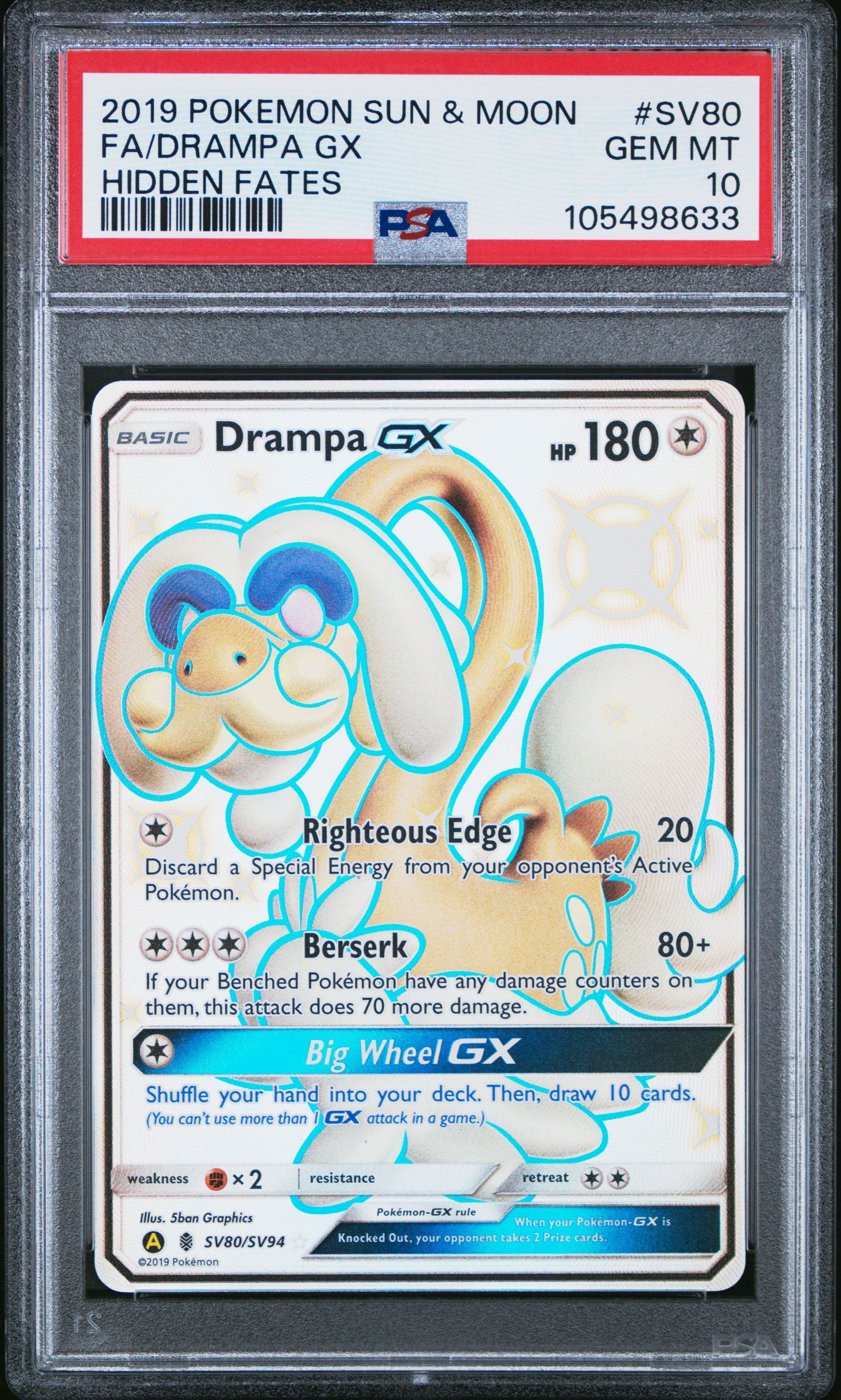 2019 Pokemon Sun & Moon Hidden Fates Sv80 Full Art/drampa Gx PSA 10