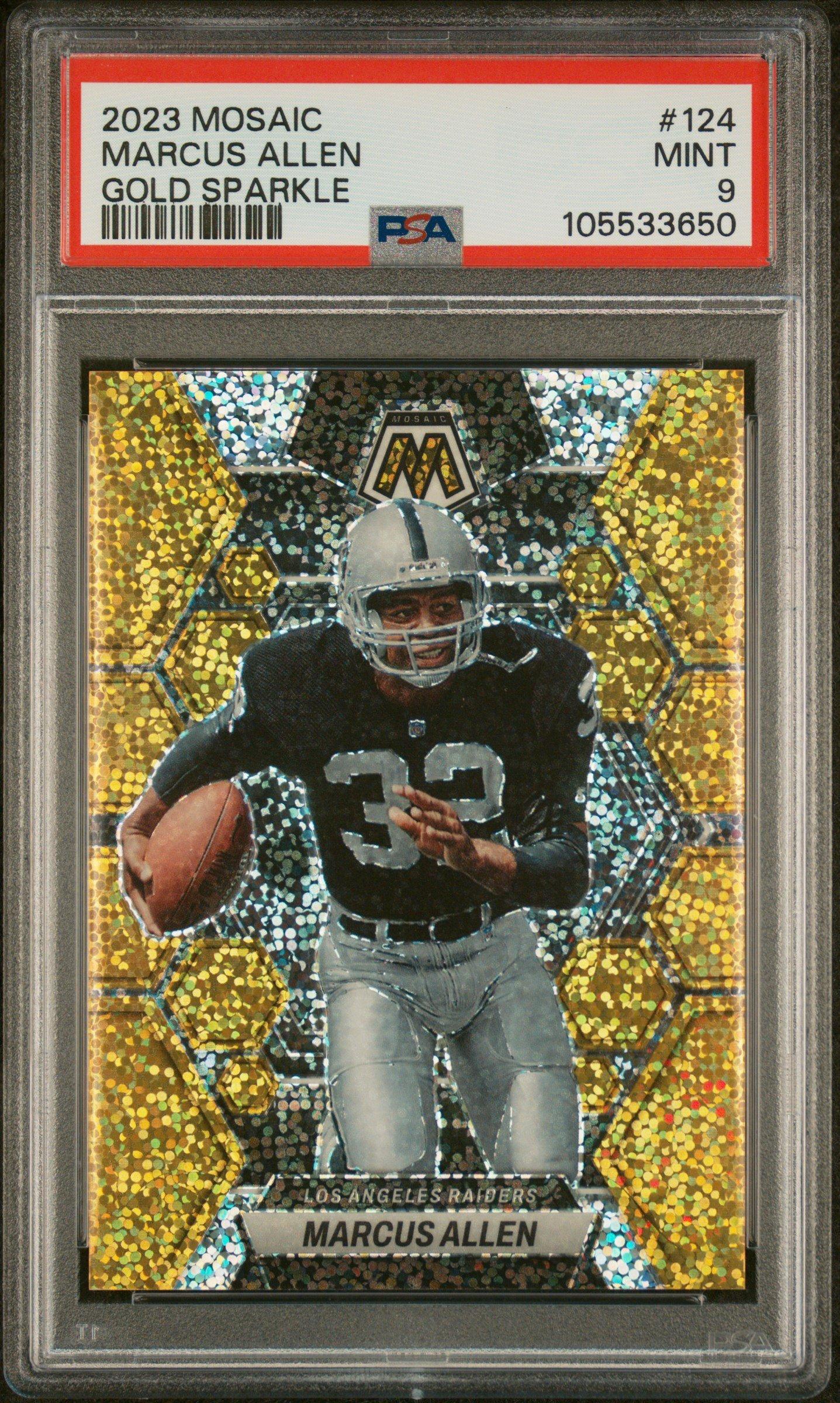 2023 Panini Mosaic 124 Marcus Allen Gold Sparkle PSA 9