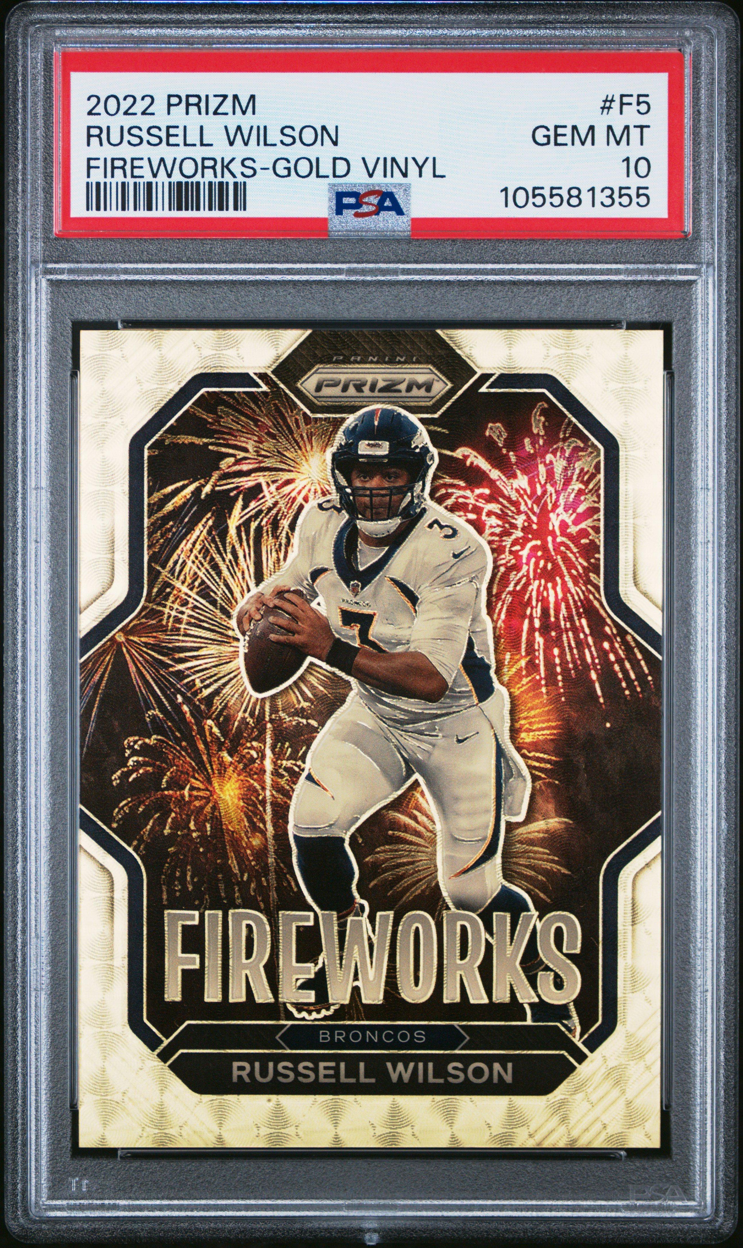 2022 Panini Prizm Fireworks F5 Russell Wilson Gold Vinyl PSA 10