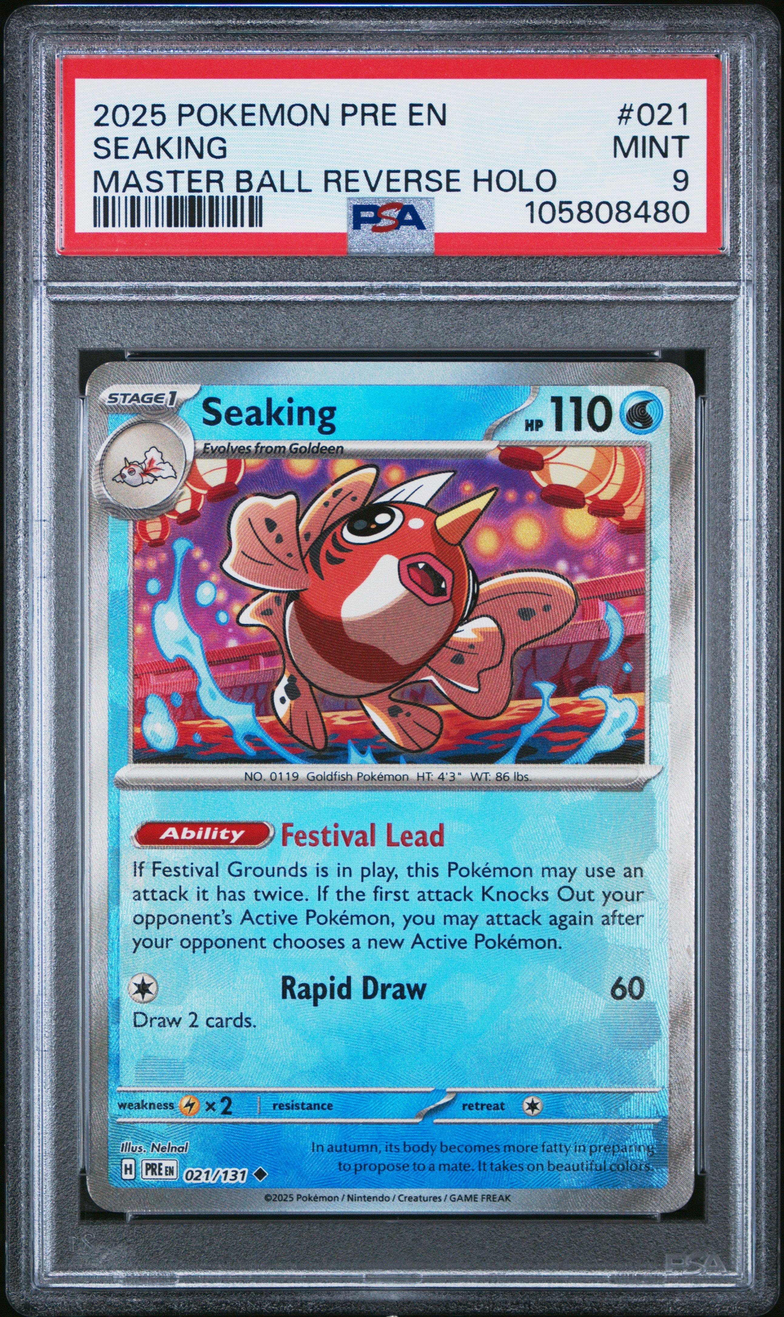 2025 Pokemon Pre En-prismatic Evolutions 021 Seaking Master Ball Reverse Holo PSA
