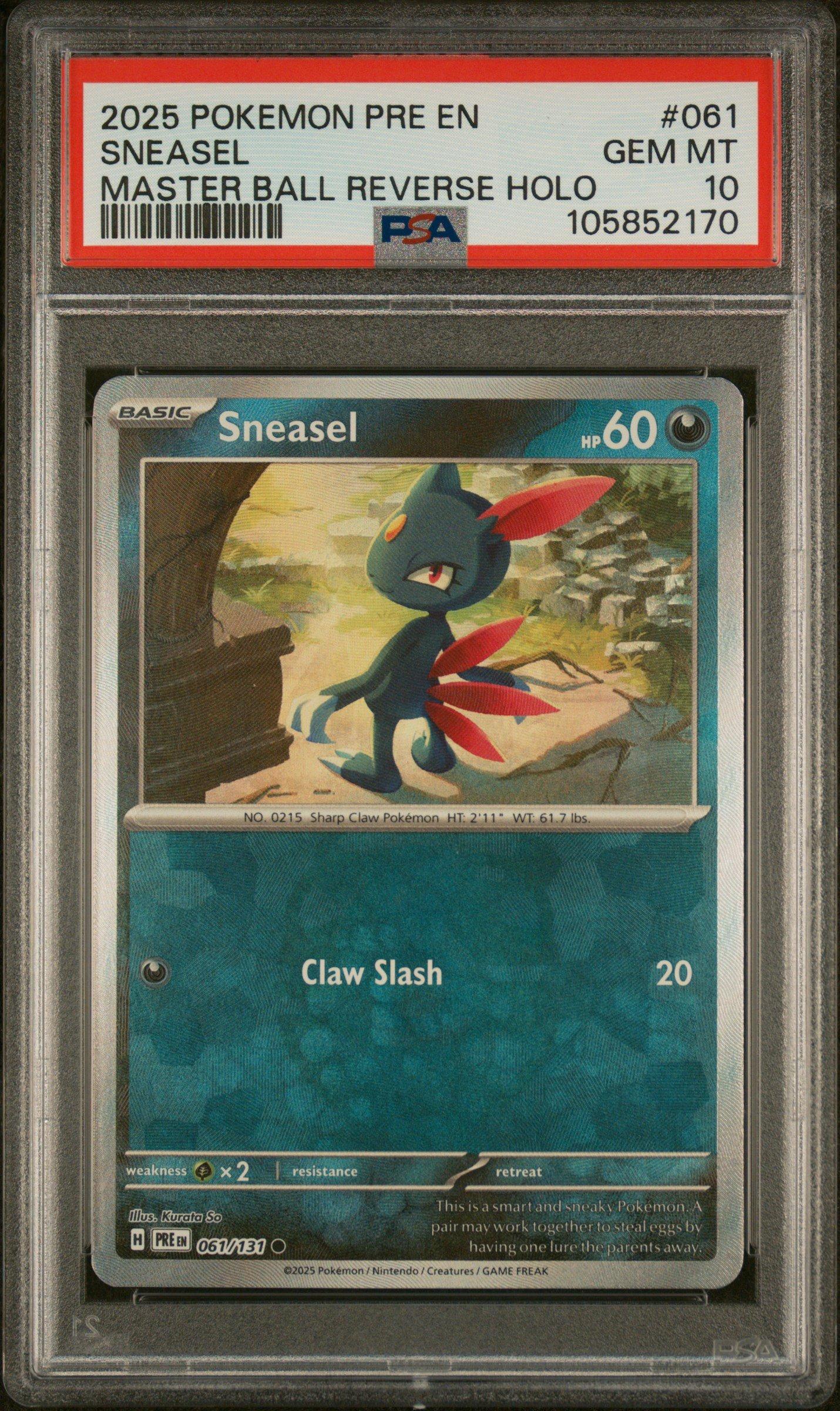 2025 Pokemon Pre En-prismatic Evolutions 061 Sneasel Master Ball Reverse Holo PSA