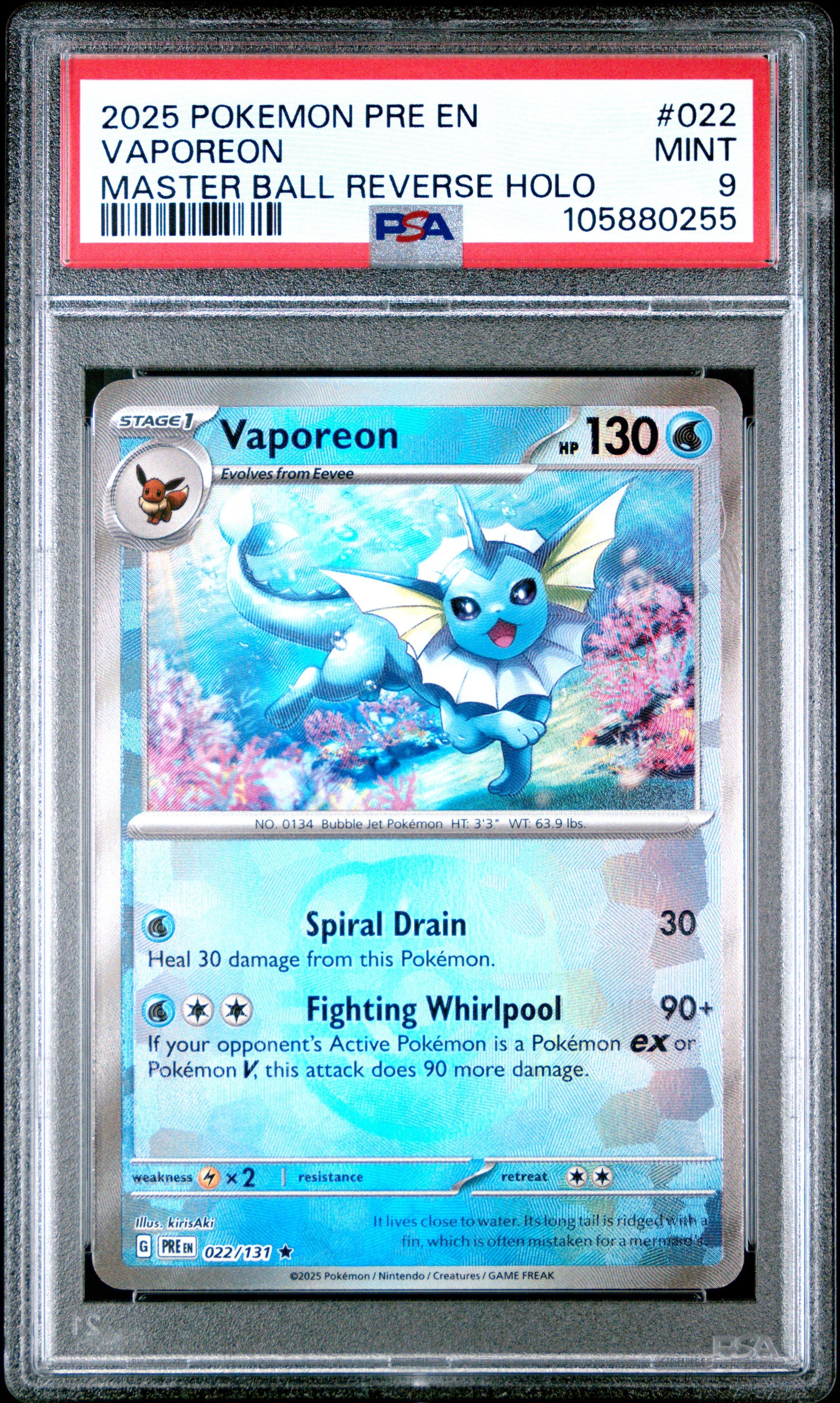 2025 Pokemon Pre En-prismatic Evolutions 022 Vaporeon Master Ball Reverse Holo PSA