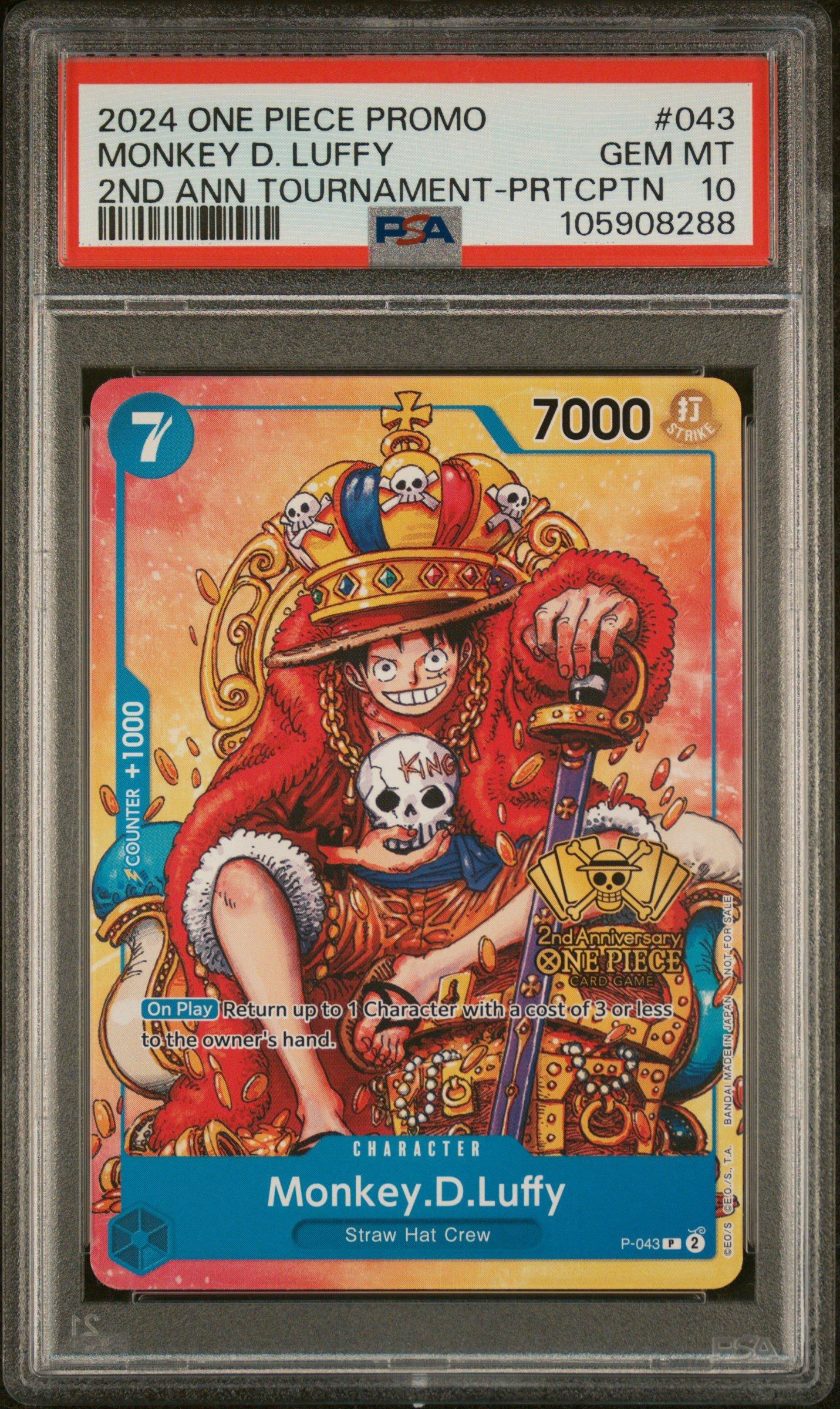 one piece card game 2nd anniversary tournament 2024 One Piece Promos 043 Monkey D. Luffy 2nd Anniversary Tournament-participation  PSA 10 Graded Card