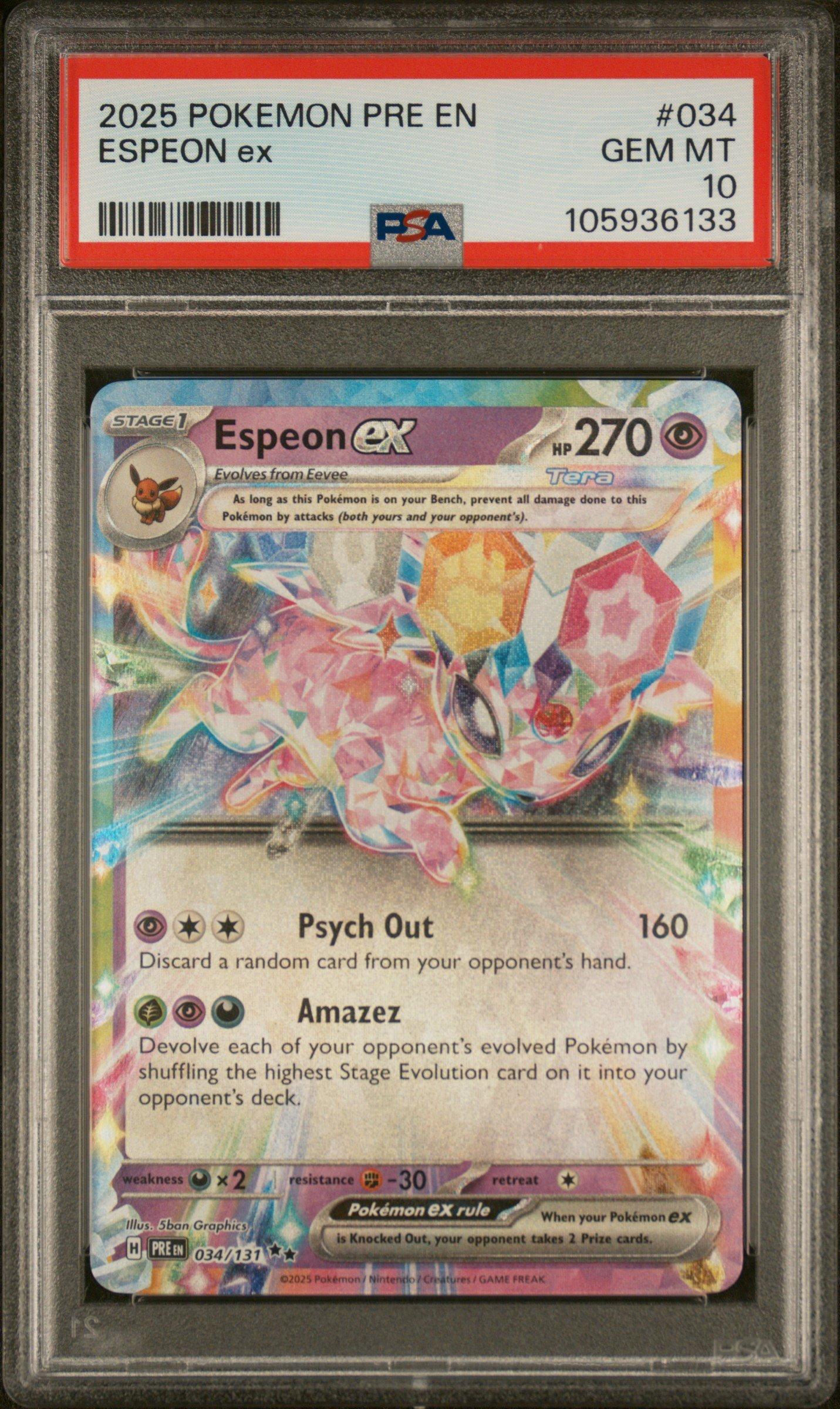 espeon pokemon card ex JAPANESE 211/187 TERASTAL FESTIVAL SV8a  PKMhobby Psychic Colorless Miraculous Shine Devolve each of your opponents evolved Pokmon and put the highest Stage Evolution card on it into your opponents hand Espeon ex 211/187 PSA 10