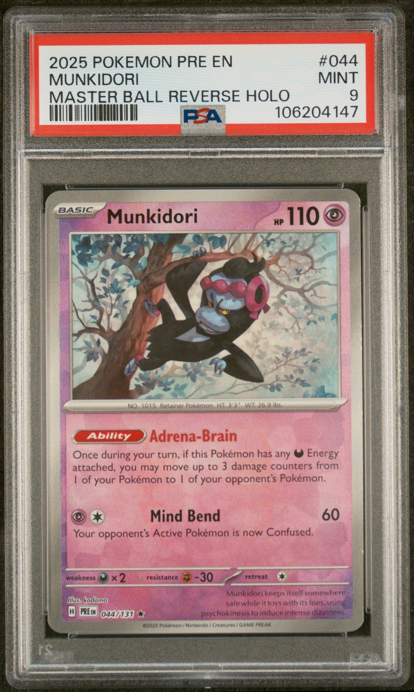 2025 Pokemon Pre En-prismatic Evolutions 044 Munkidori Master Ball Reverse Holo PSA