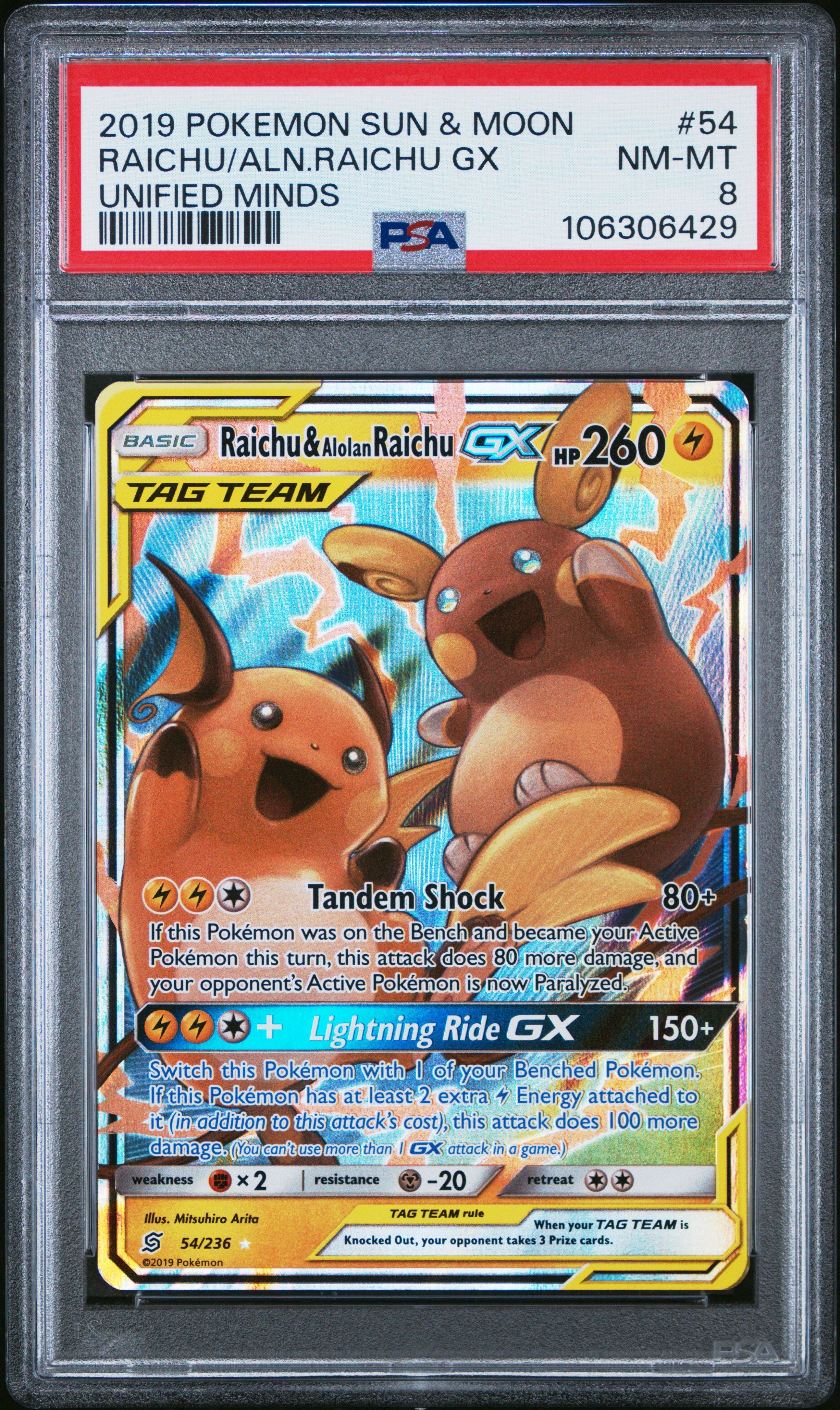 2019 Pokemon Sun & Moon Unified Minds 54 Raichu & Alolan Raichu Gx PSA