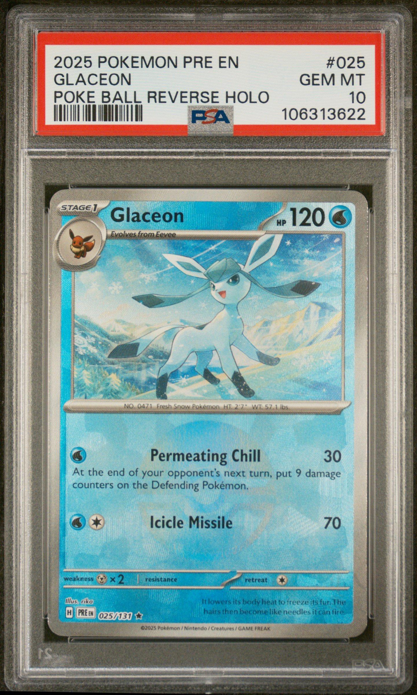 2025 Pokemon Pre En-prismatic Evolutions 025 Glaceon Poke Ball Reverse Holo  PSA 10 Graded Card | GameStop