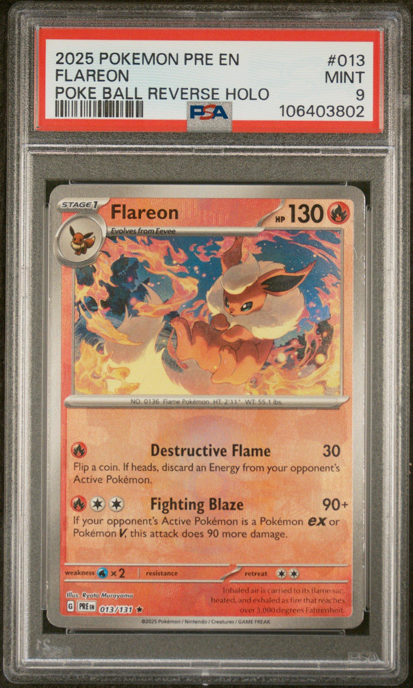 2025 Pokemon Pre En-prismatic Evolutions 013 Flareon Poke Ball Reverse Holo PSA 9