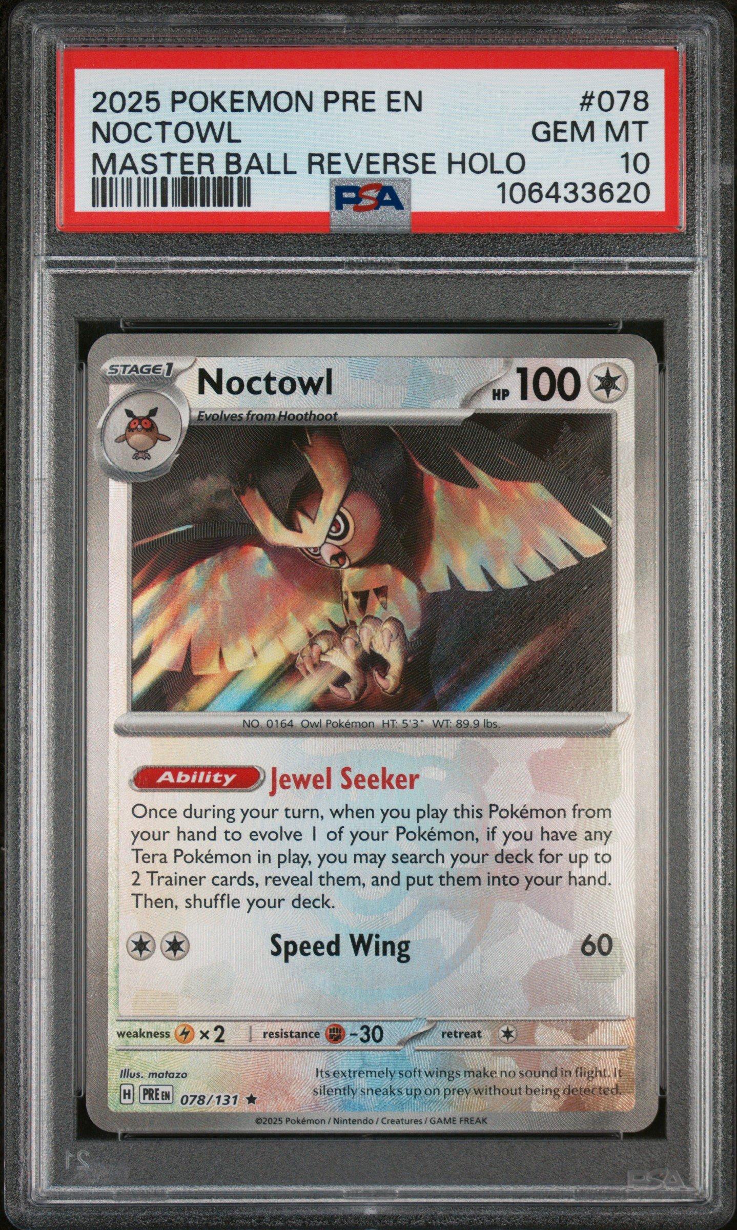 2025 Pokemon Pre En-prismatic Evolutions 078 Noctowl Master Ball
