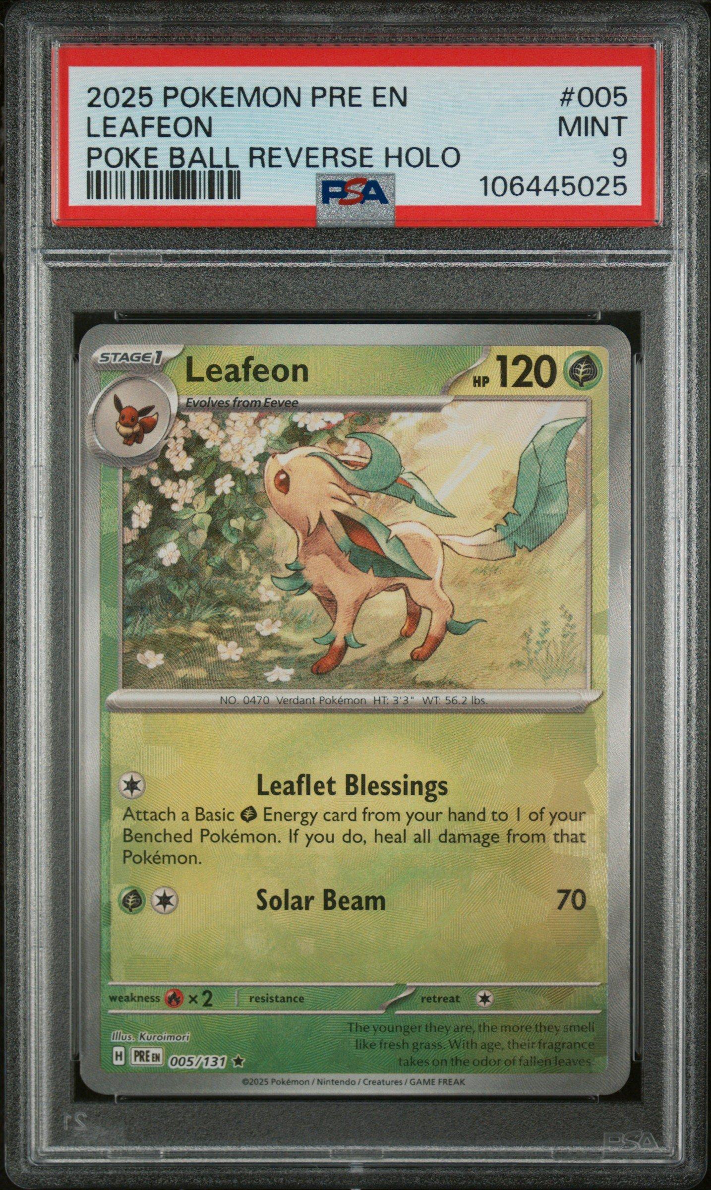 2025 Pokemon Pre En-prismatic Evolutions 005 Leafeon Poke Ball Reverse Holo PSA