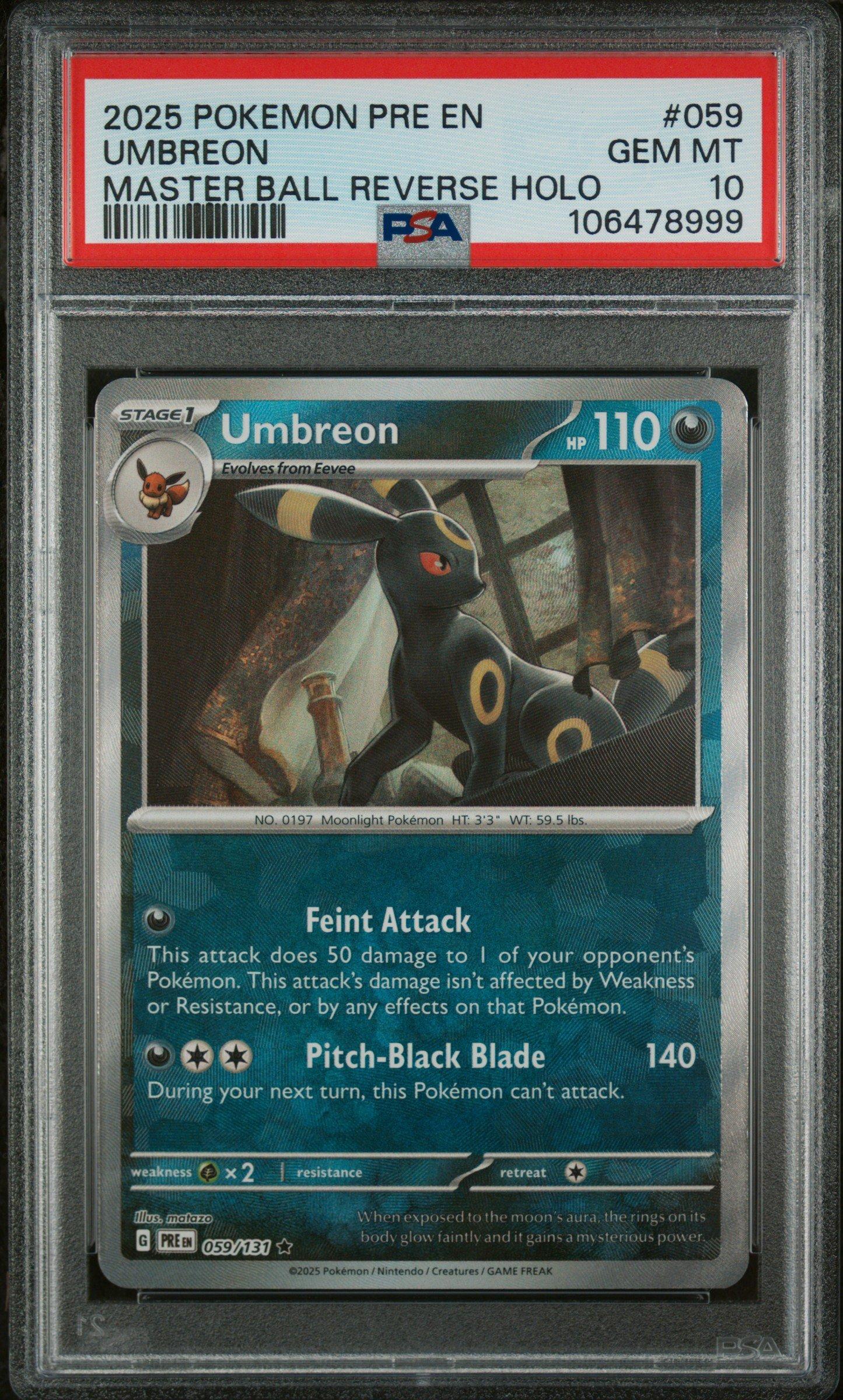 2025 Pokemon Pre En-prismatic Evolutions 059 Umbreon Master Ball Reverse Holo PSA