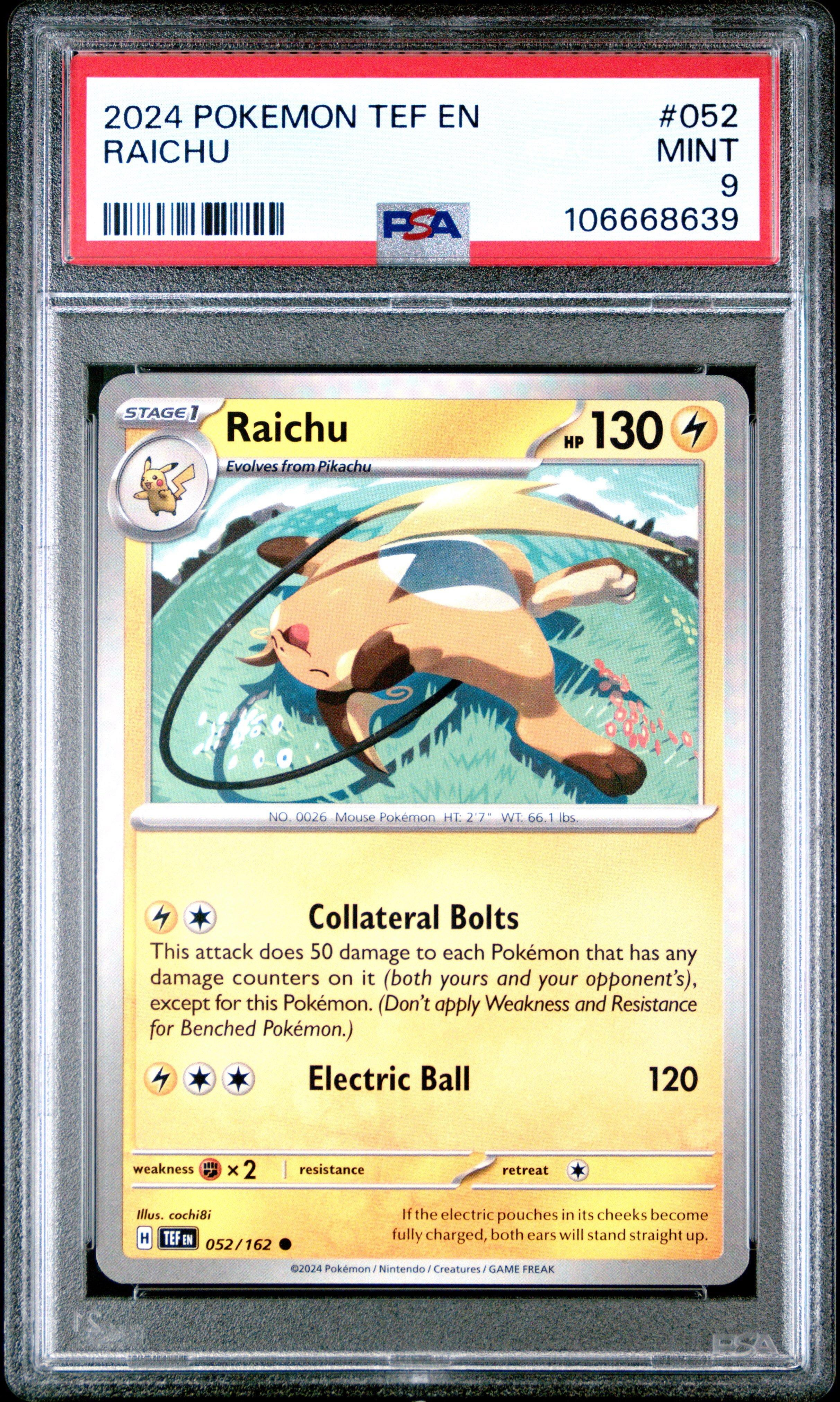 2024 Pokemon Tef En-temporal Forces 052 Raichu PSA 9