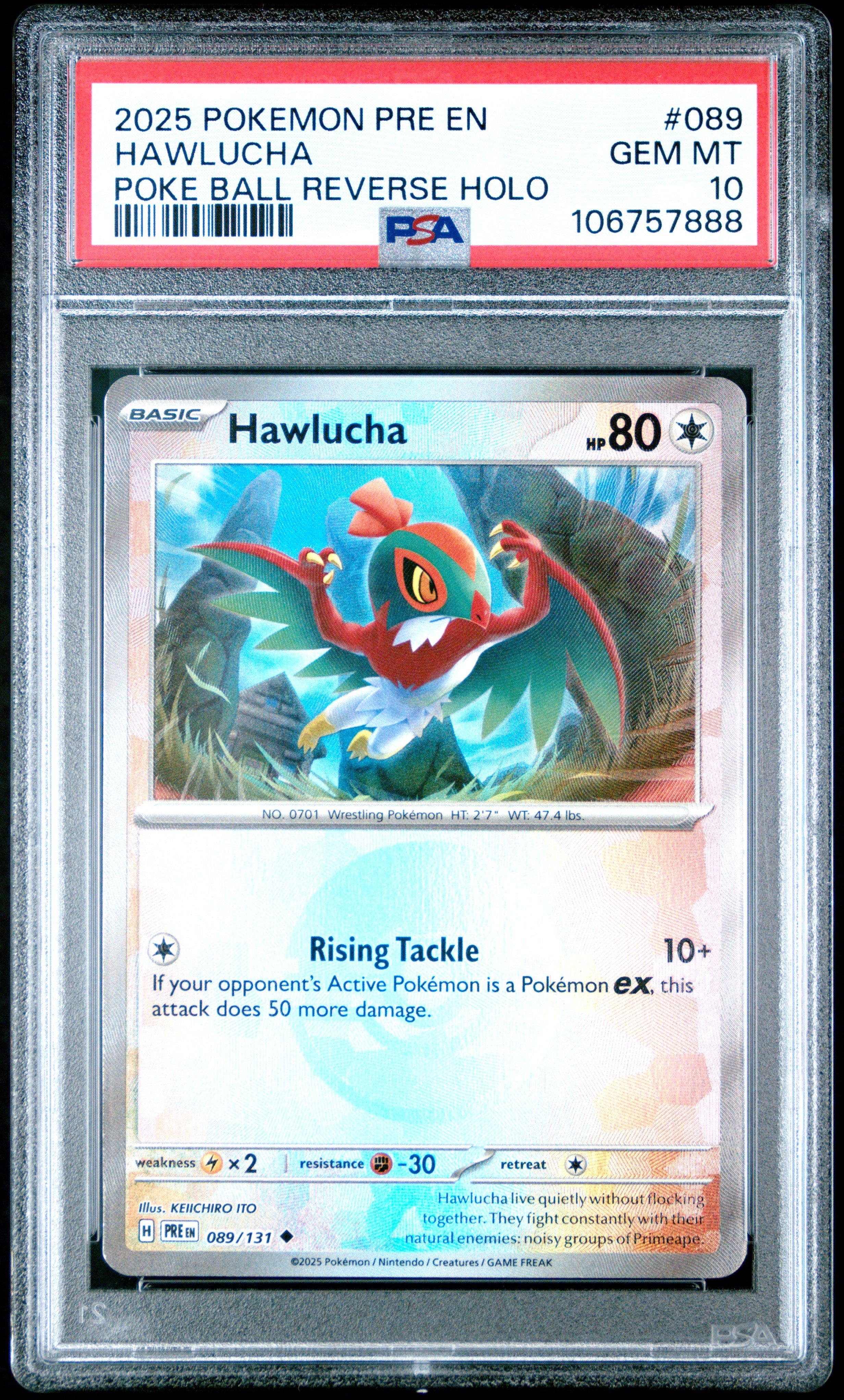2025 Pokemon Pre En-prismatic Evolutions 089 Hawlucha Poke Ball Reverse Holo PSA 10