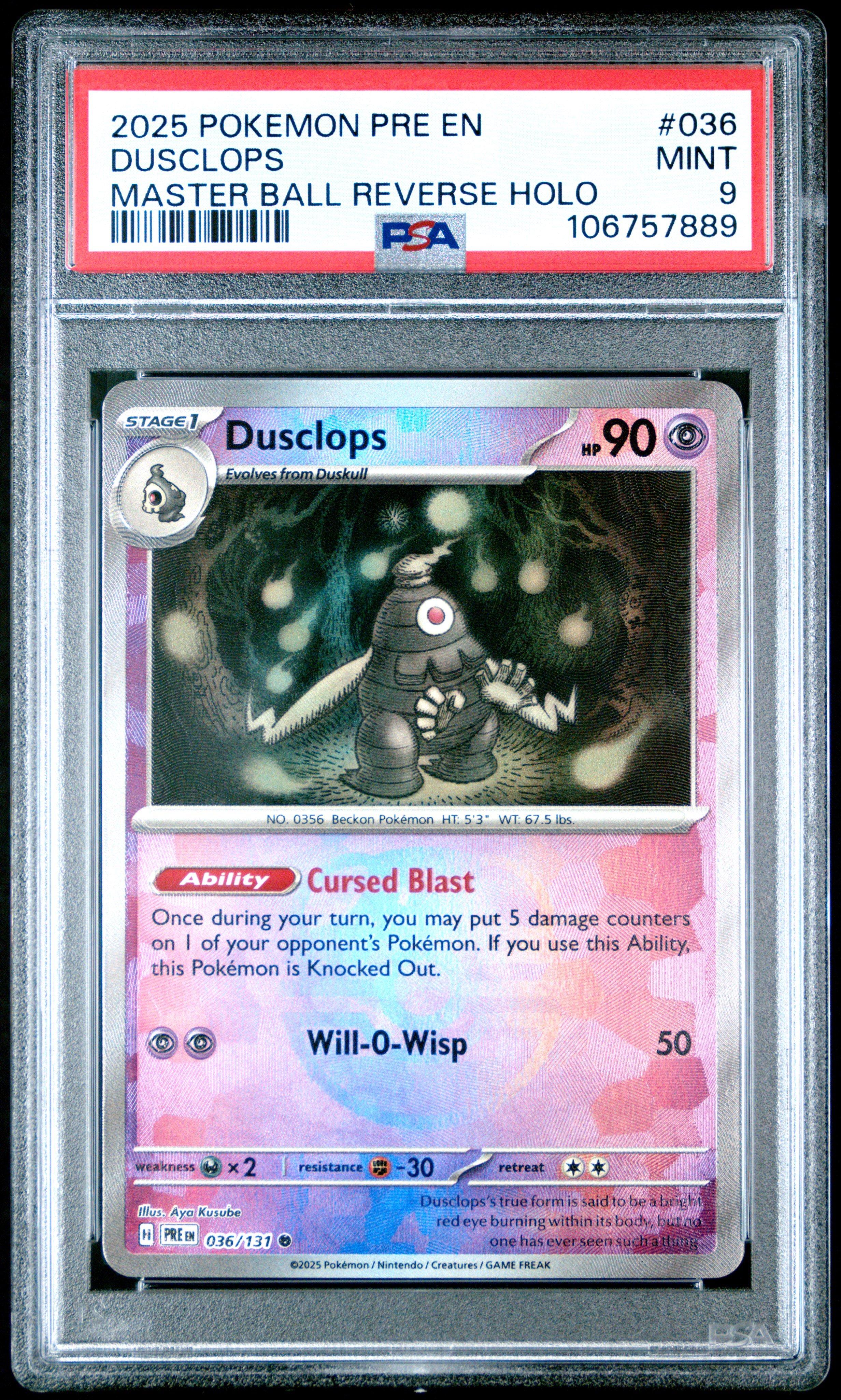 2025 Pokemon Pre En-prismatic Evolutions 036 Dusclops Master Ball Reverse Holo PSA
