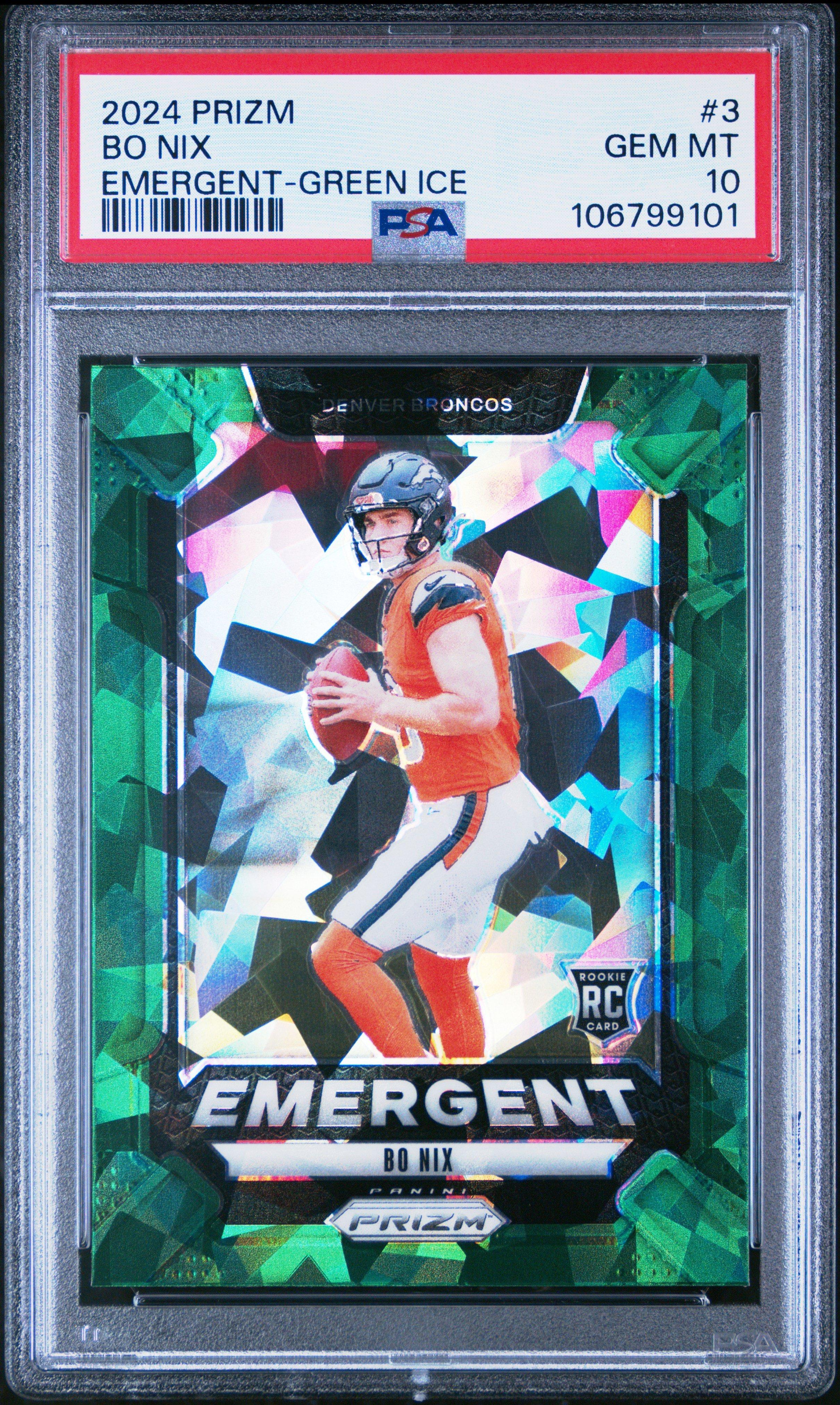 2024 Panini Prizm Emergent 3 Bo Nix Green Ice PSA 10