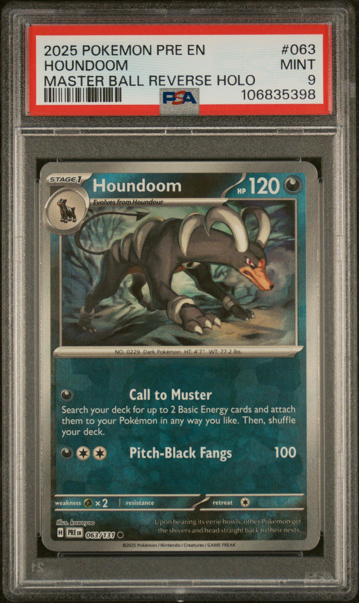 2025 Pokemon Pre En-prismatic Evolutions 063 Houndoom Master Ball Reverse Holo PSA 9