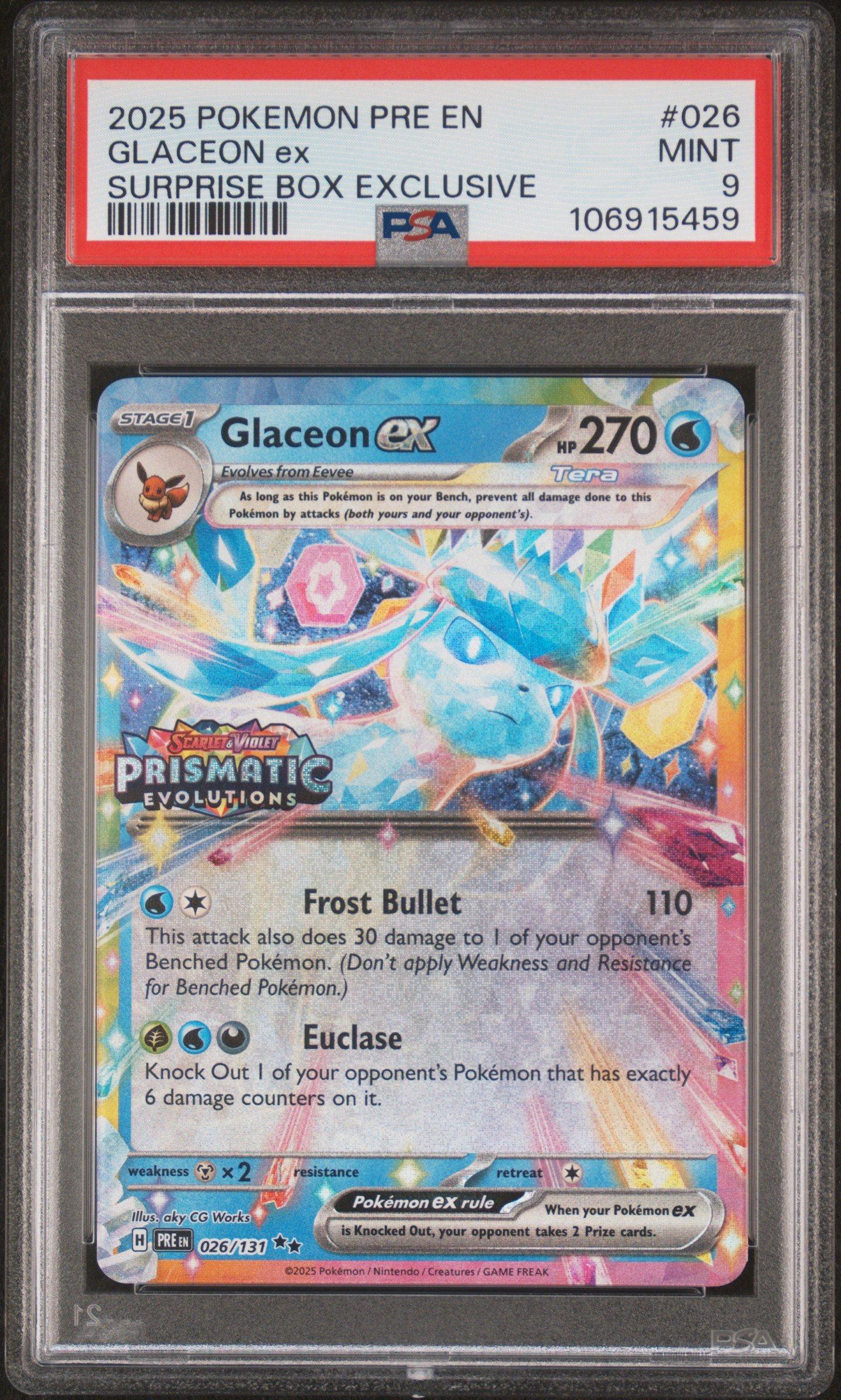 2025 Pokemon Pre En-prismatic Evolutions 026 Glaceon Ex Surprise Box Exclusive PSA