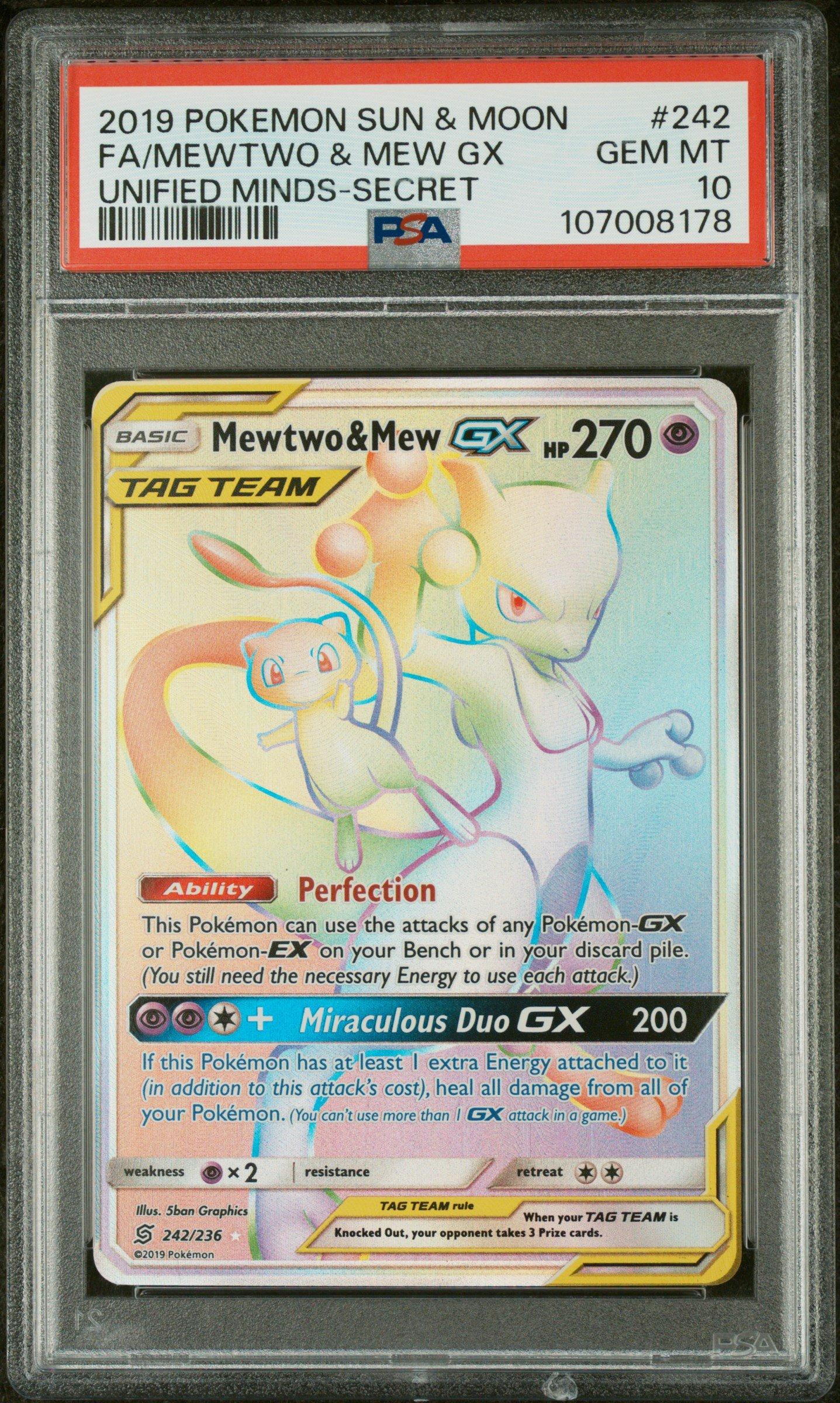 2019 Pokemon Sun & Moon Unified Minds 242 Full Art/mewtwo & Mew Gx Secret PSA