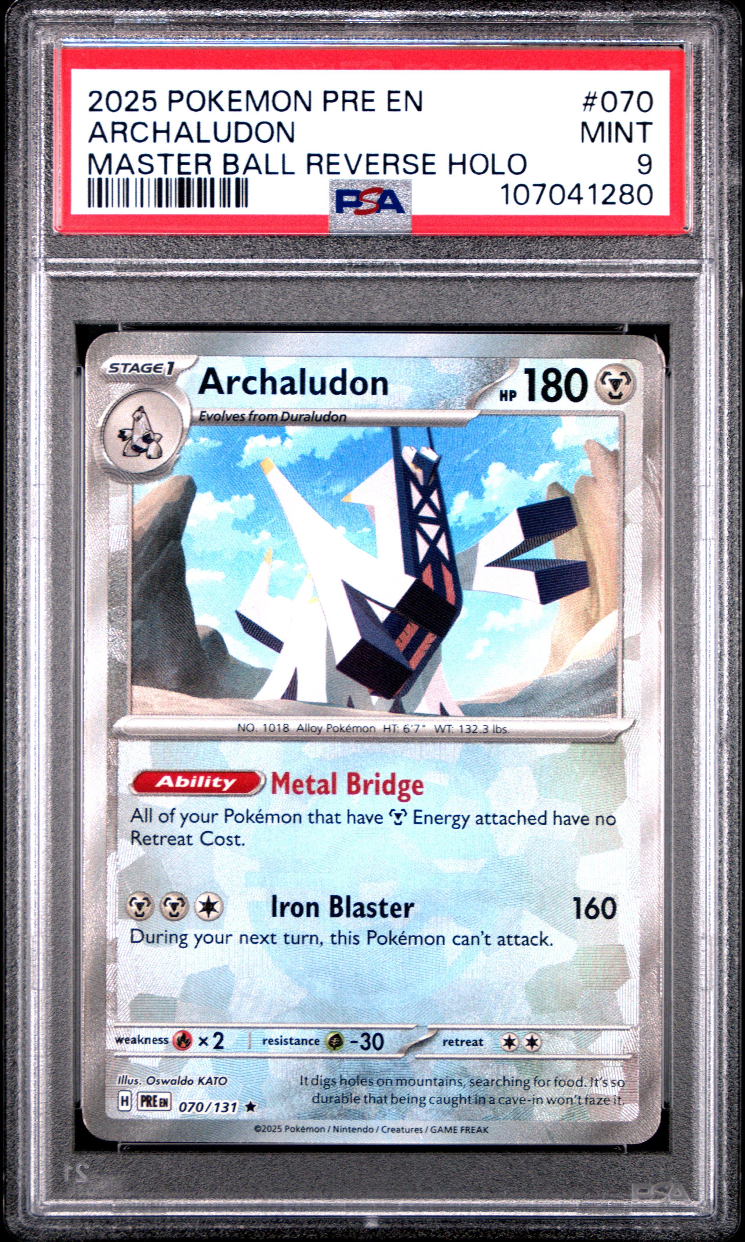 2025 Pokemon Pre En-prismatic Evolutions 070 Archaludon Master Ball Reverse Holo PSA
