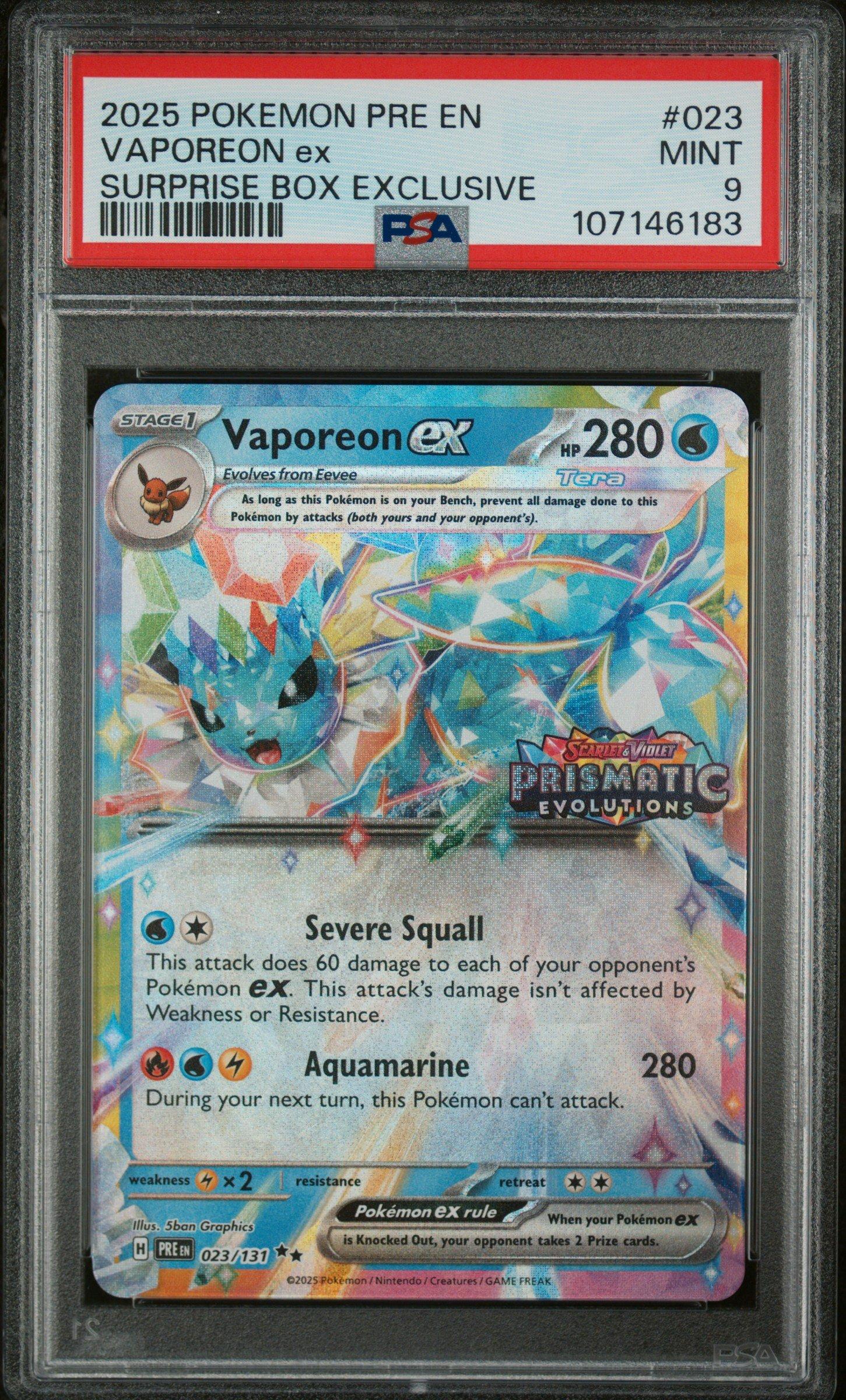 2025 Pokemon Pre En-prismatic Evolutions 023 Vaporeon Ex Surprise Box Exclusive PSA