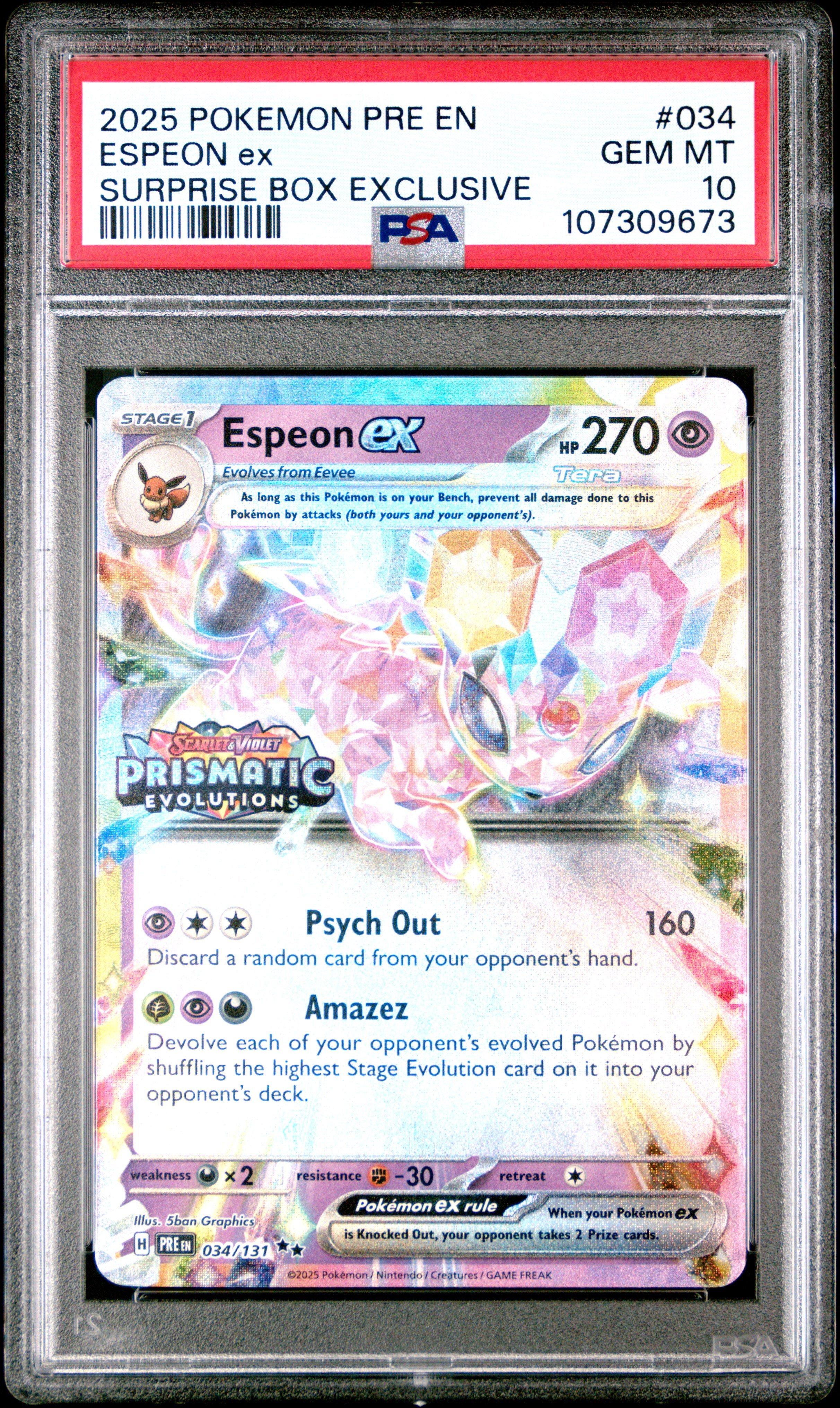 2025 Pokemon Pre En-prismatic Evolutions 034 Espeon Ex Surprise Box Exclusive PSA
