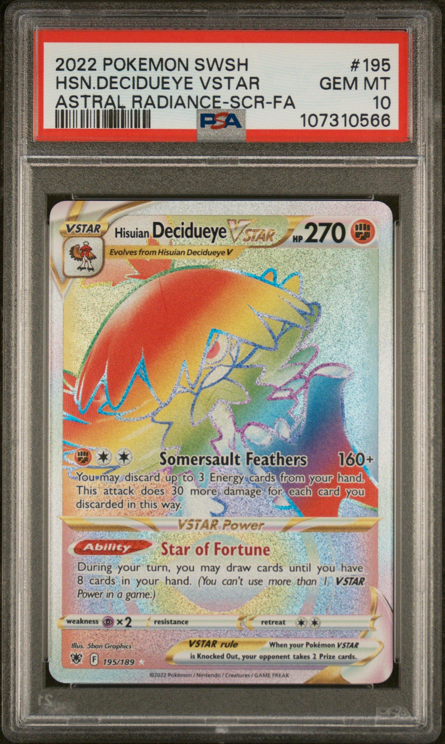 2022 Pokemon Sword & Shield Astral Radiance 195 Full Art/hisuian Decidueye Vstar Secret PSA 10