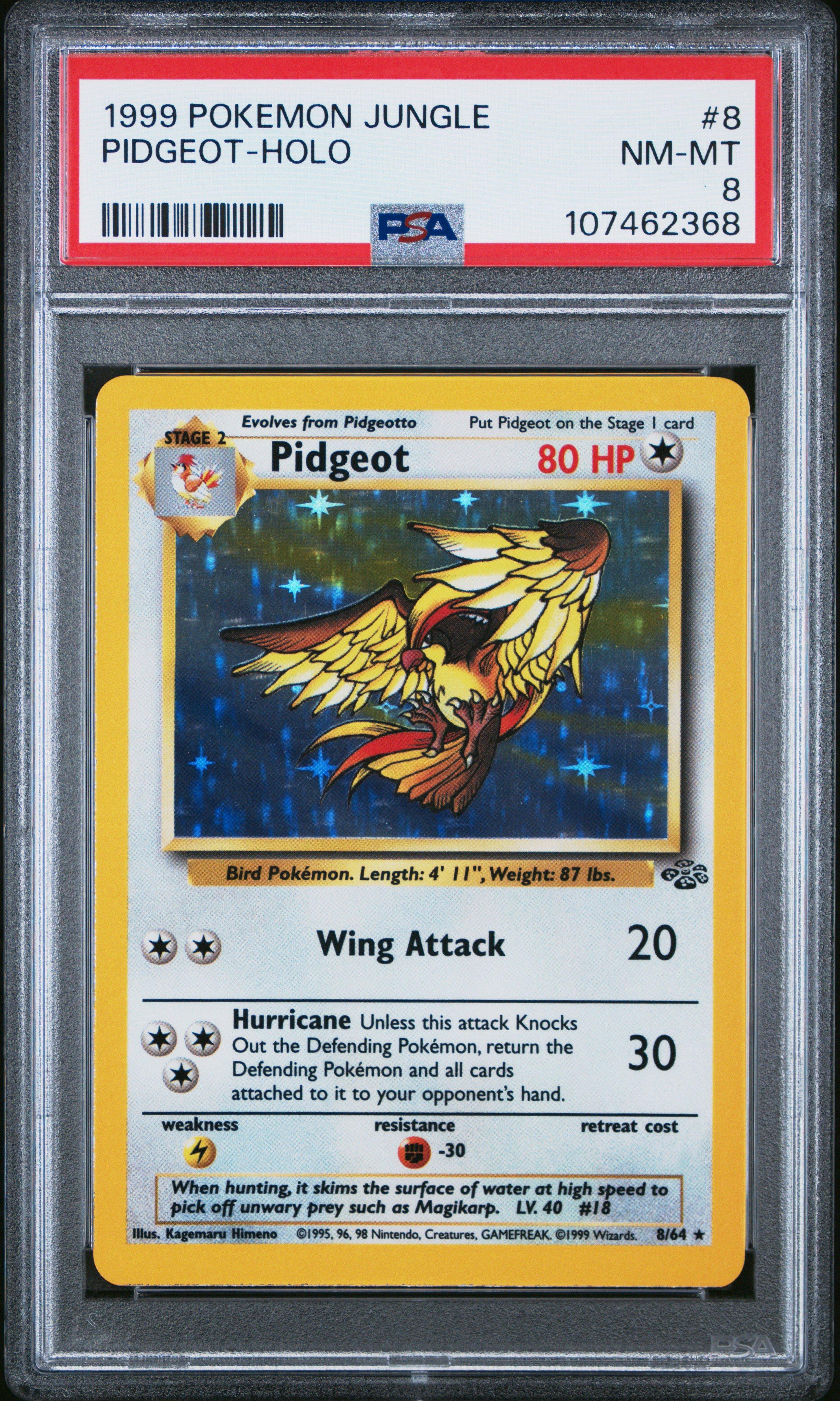 pidgeot holographic pokemon card value 1999 Jungle 8 Pidgeot-holo PSA 8 Graded [2] Wing Attack (20) Attack 2 pidgeot holographic pokemon card value