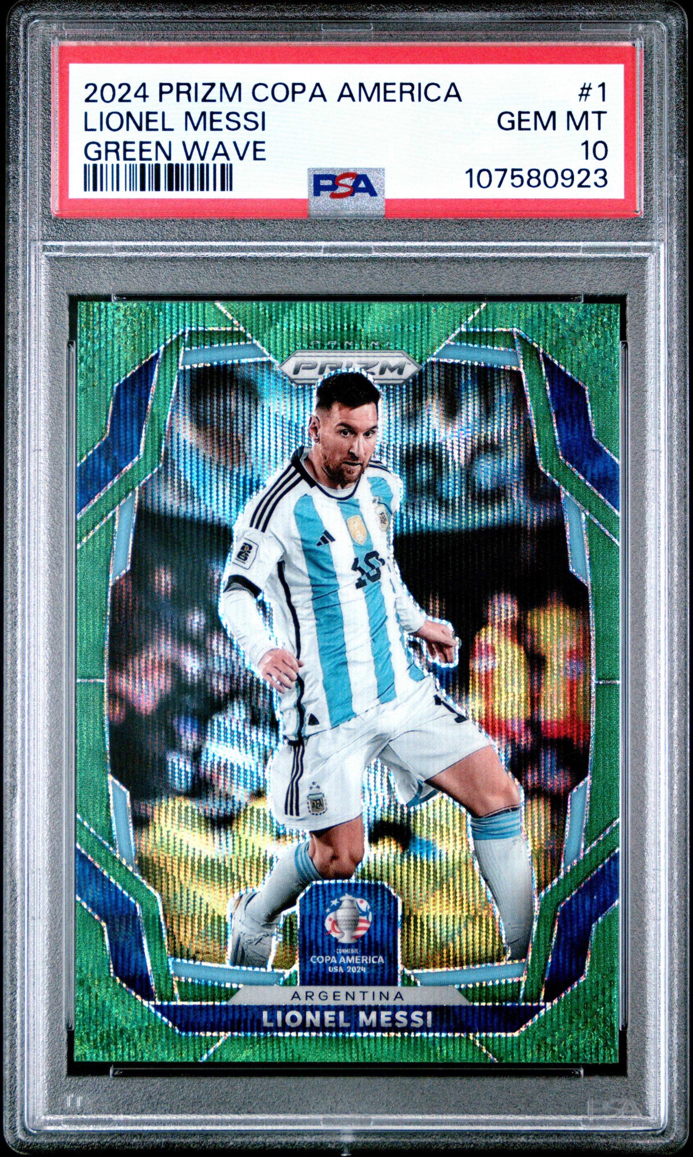 2024 Panini Prizm Conmebol Copa America 1 Lionel Messi Green Wave PSA 10
