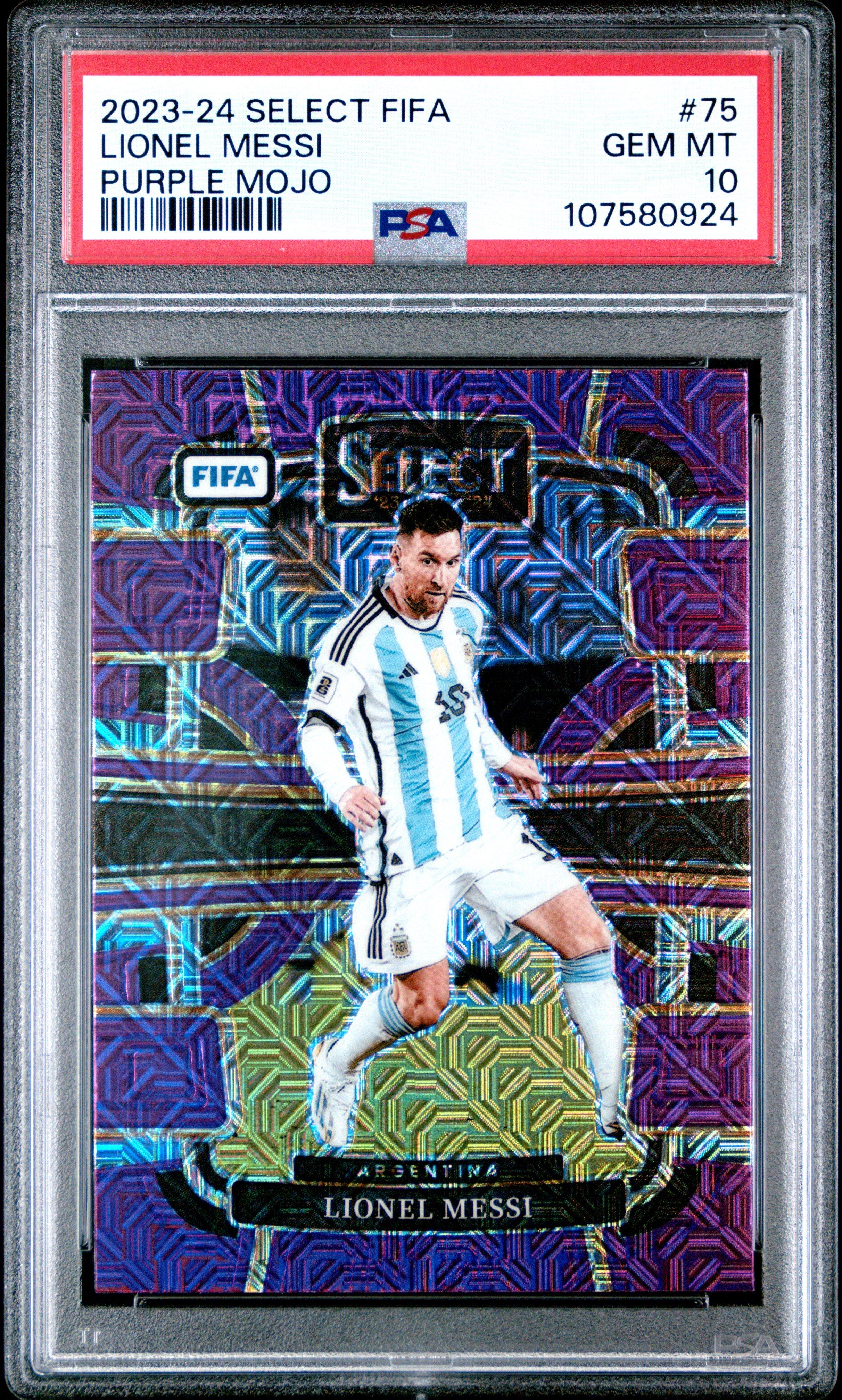 2023-24 Panini Select Fifa 75 Lionel Messi Purple Mojo PSA 10