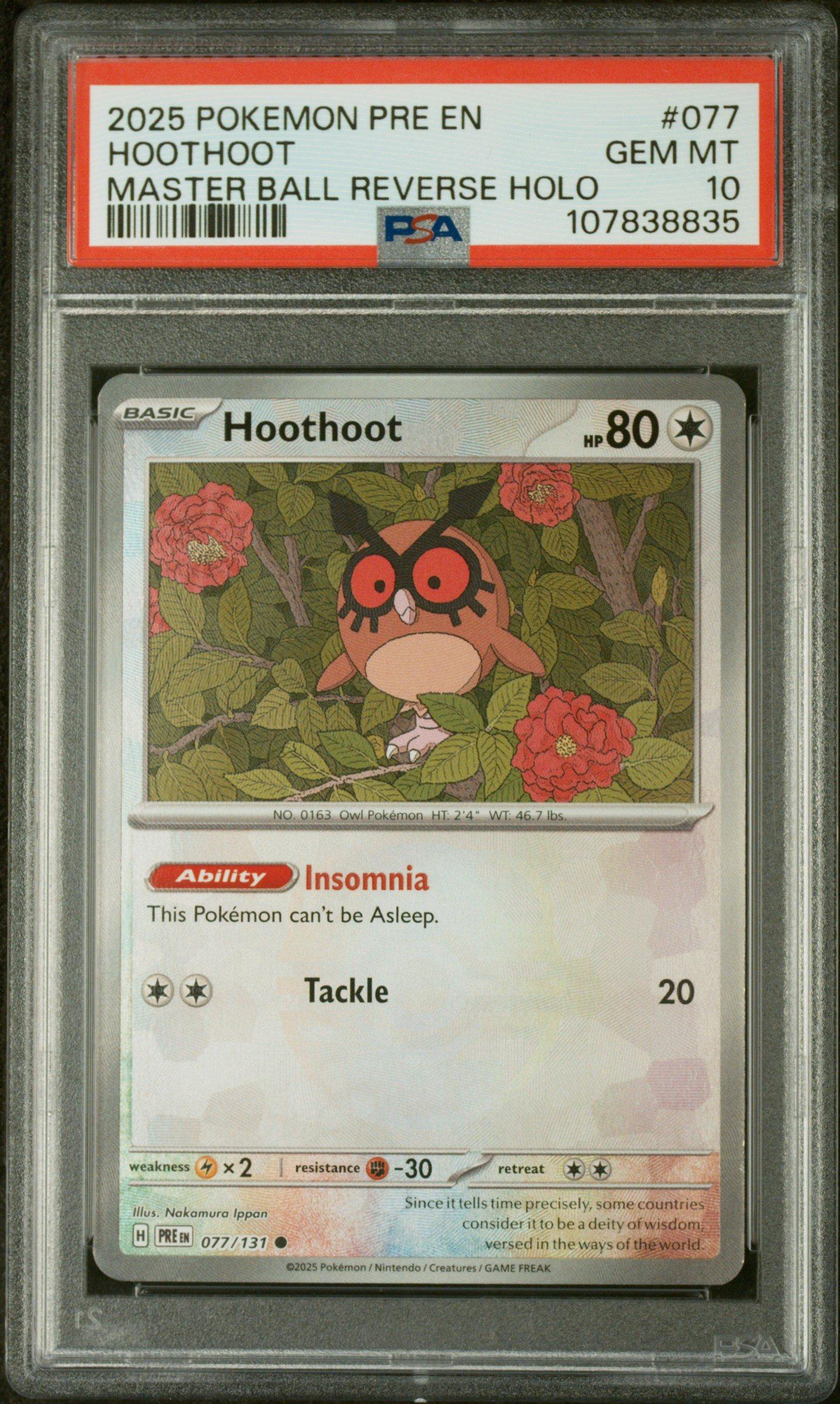 hoothoot pokemon card 2025 Pre En-prismatic Evolutions 077 Master Ball Reverse Holo PSA 10 Graded [Fighting] Pokemon Burning Shadows Hoothoot #106