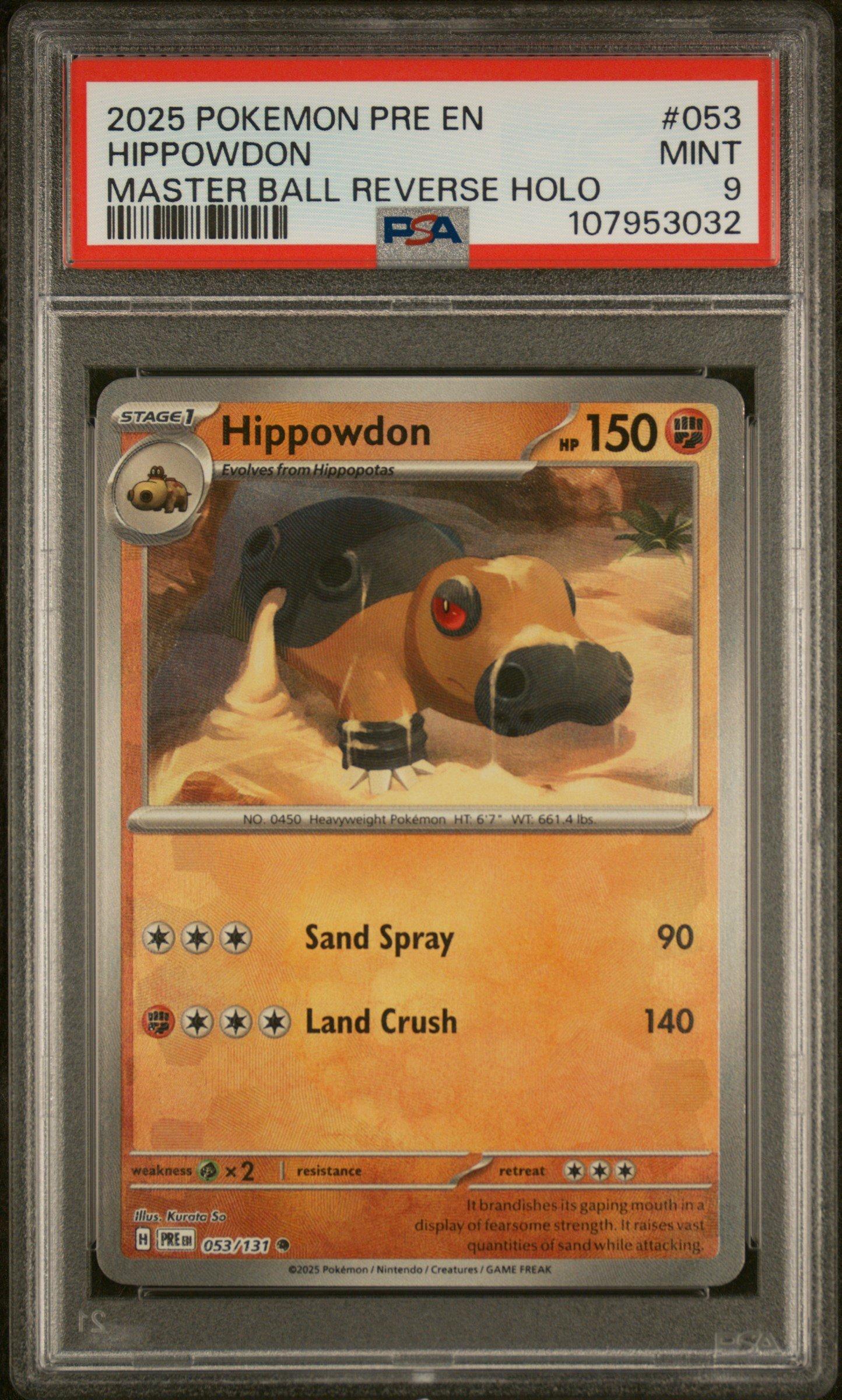 2025 Pokemon Pre En-prismatic Evolutions 053 Hippowdon Master Ball Reverse Holo PSA 9