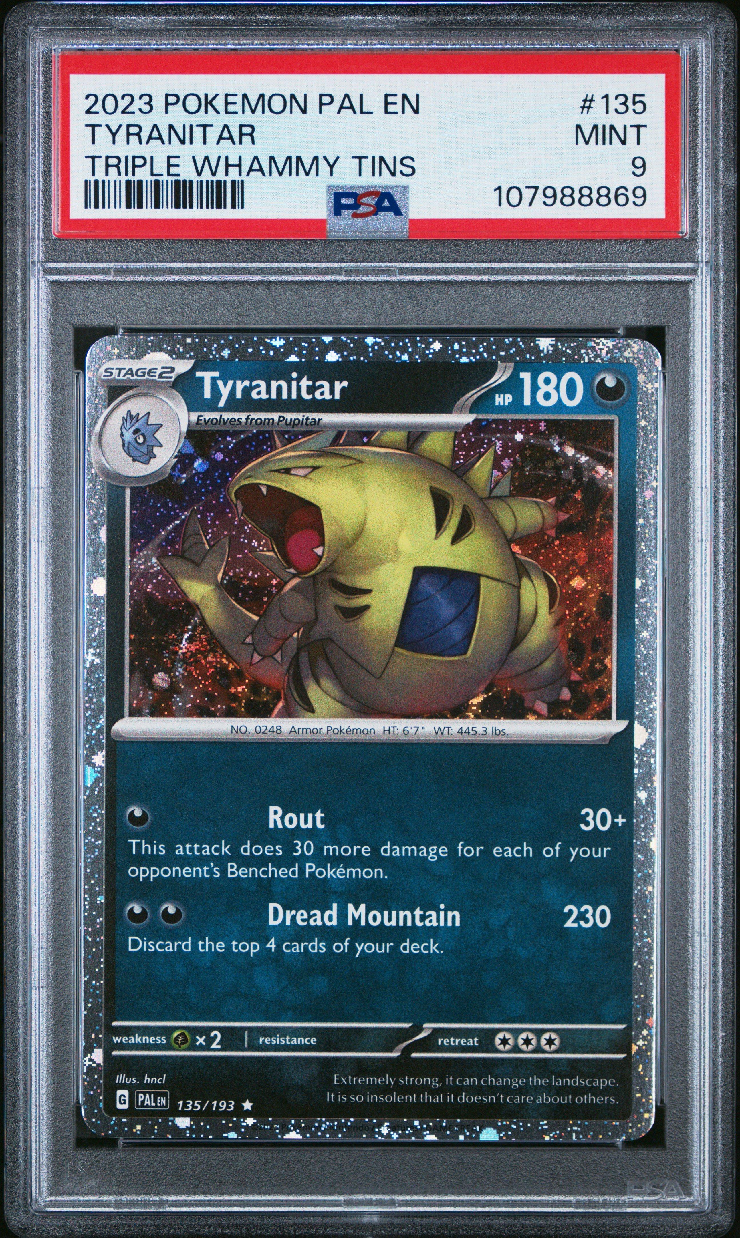 2023 Pokemon Pal En-paldea Evolved 135 Tyranitar Triple Whammy Tin PSA 9