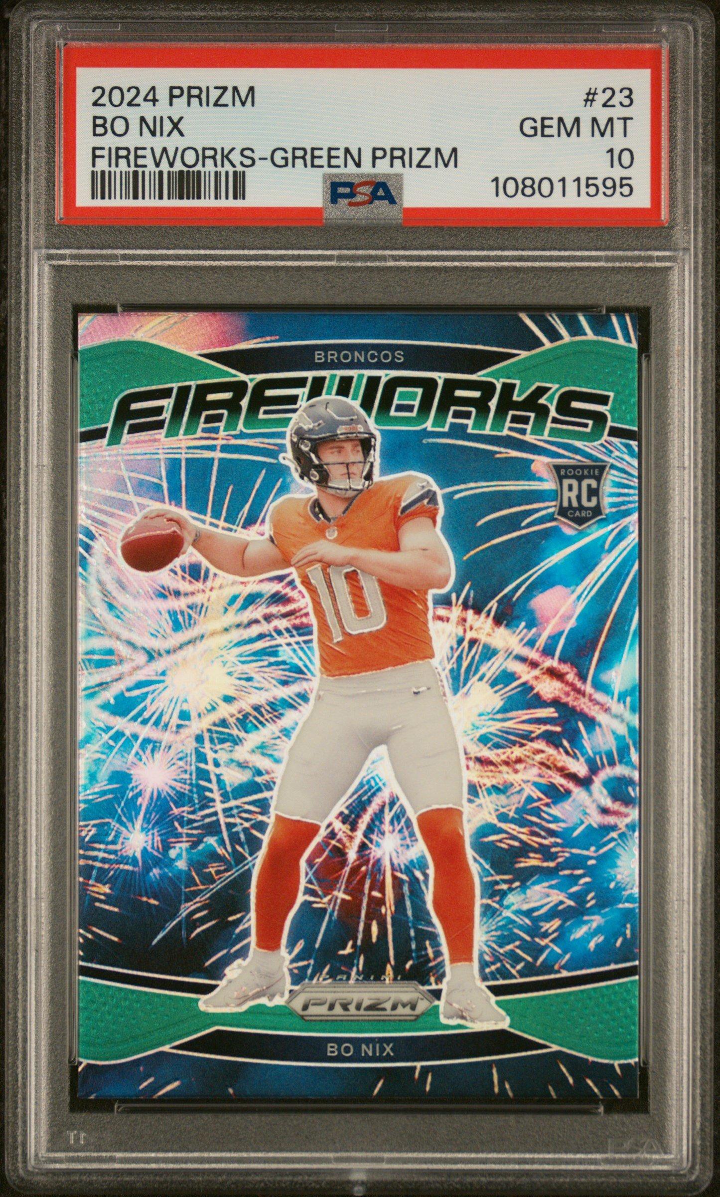 2024 Panini Prizm Fireworks 23 Bo Nix Green Prizm PSA 10
