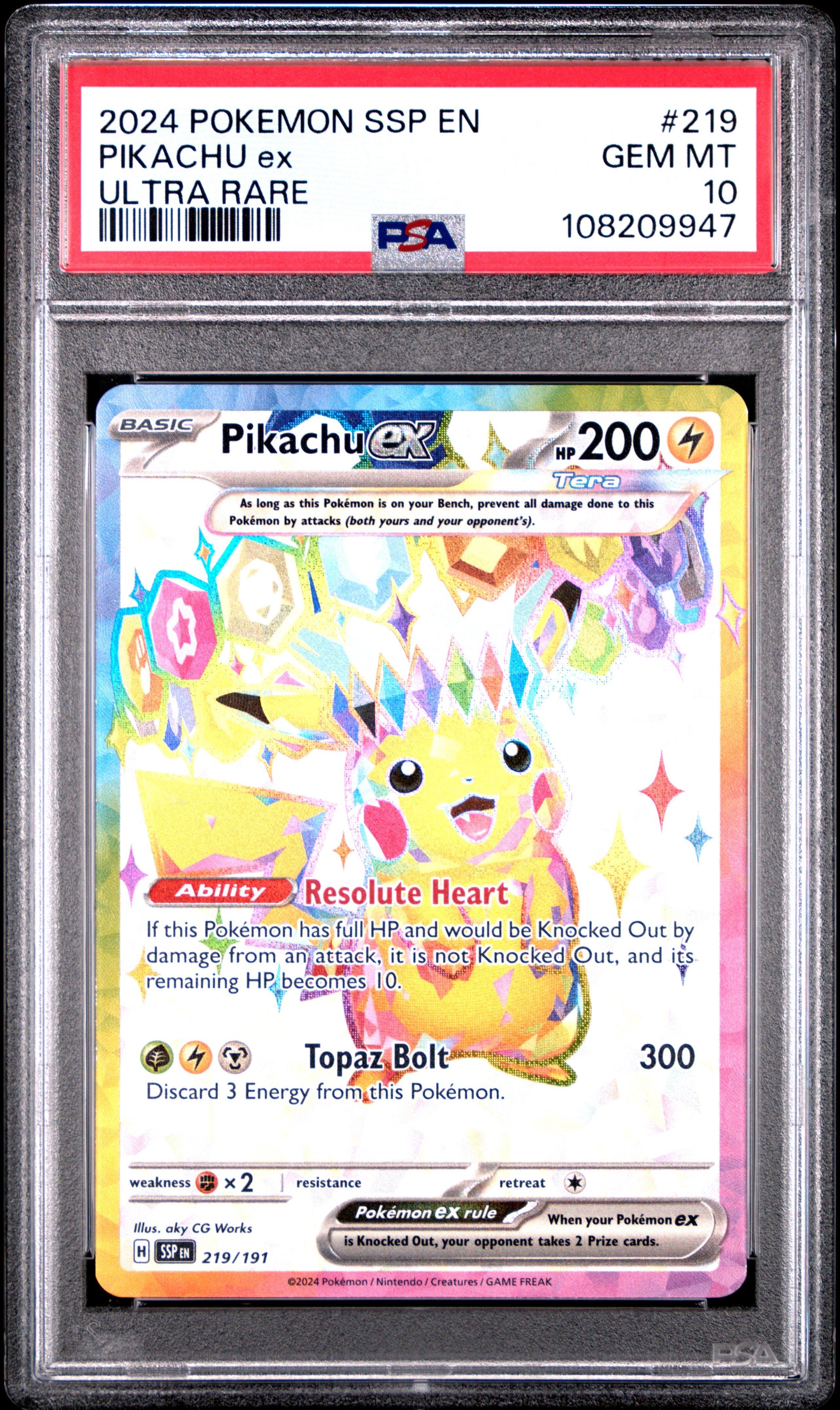 2024 ピカチュウ ex スペシャルアートレア PSA 10 2024 Pokemon Ssp En-surging Sparks 219 Pikachu Ex Ultra Rare