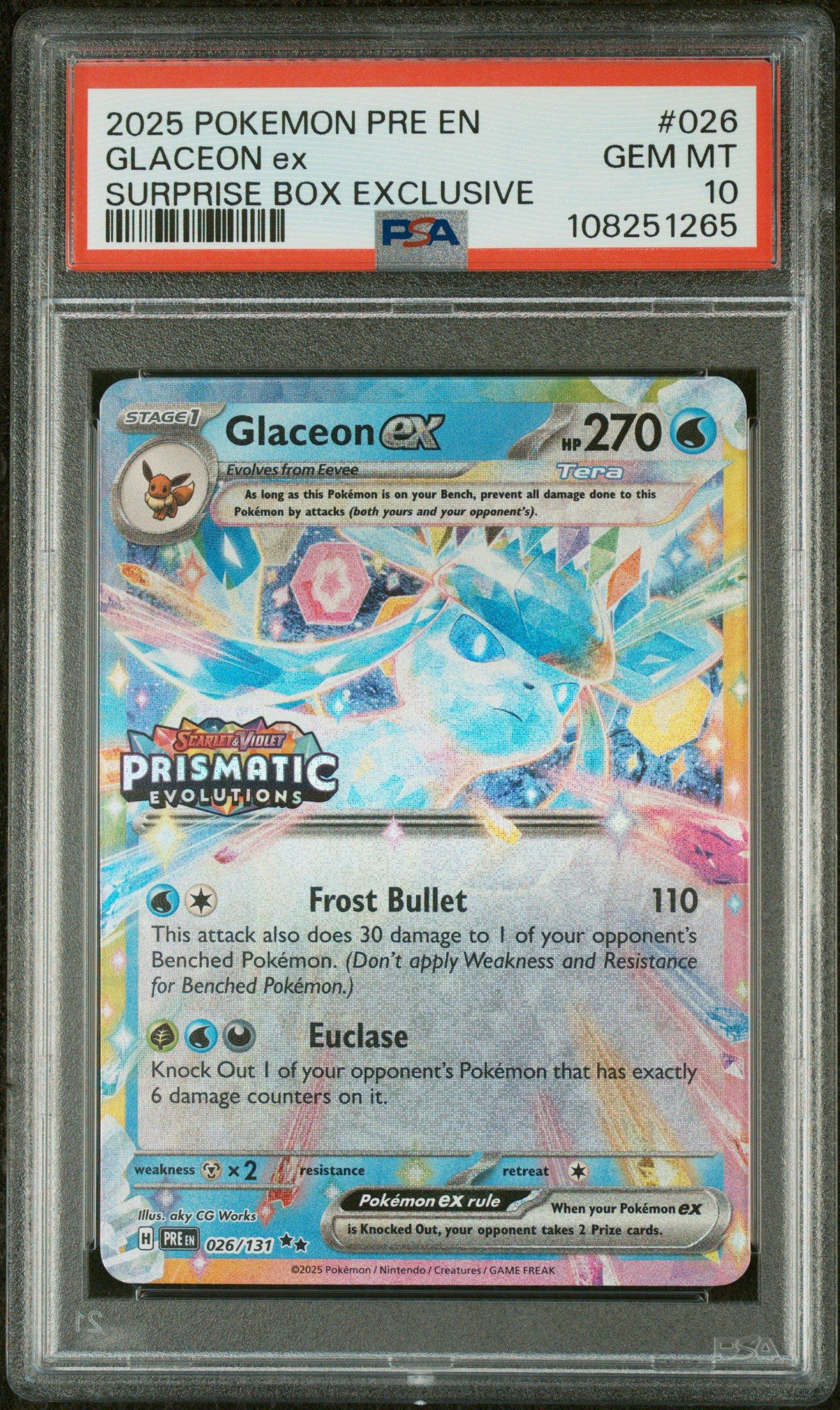 2025 Pokemon Pre En-prismatic Evolutions 026 Glaceon Ex Surprise Box Exclusive PSA