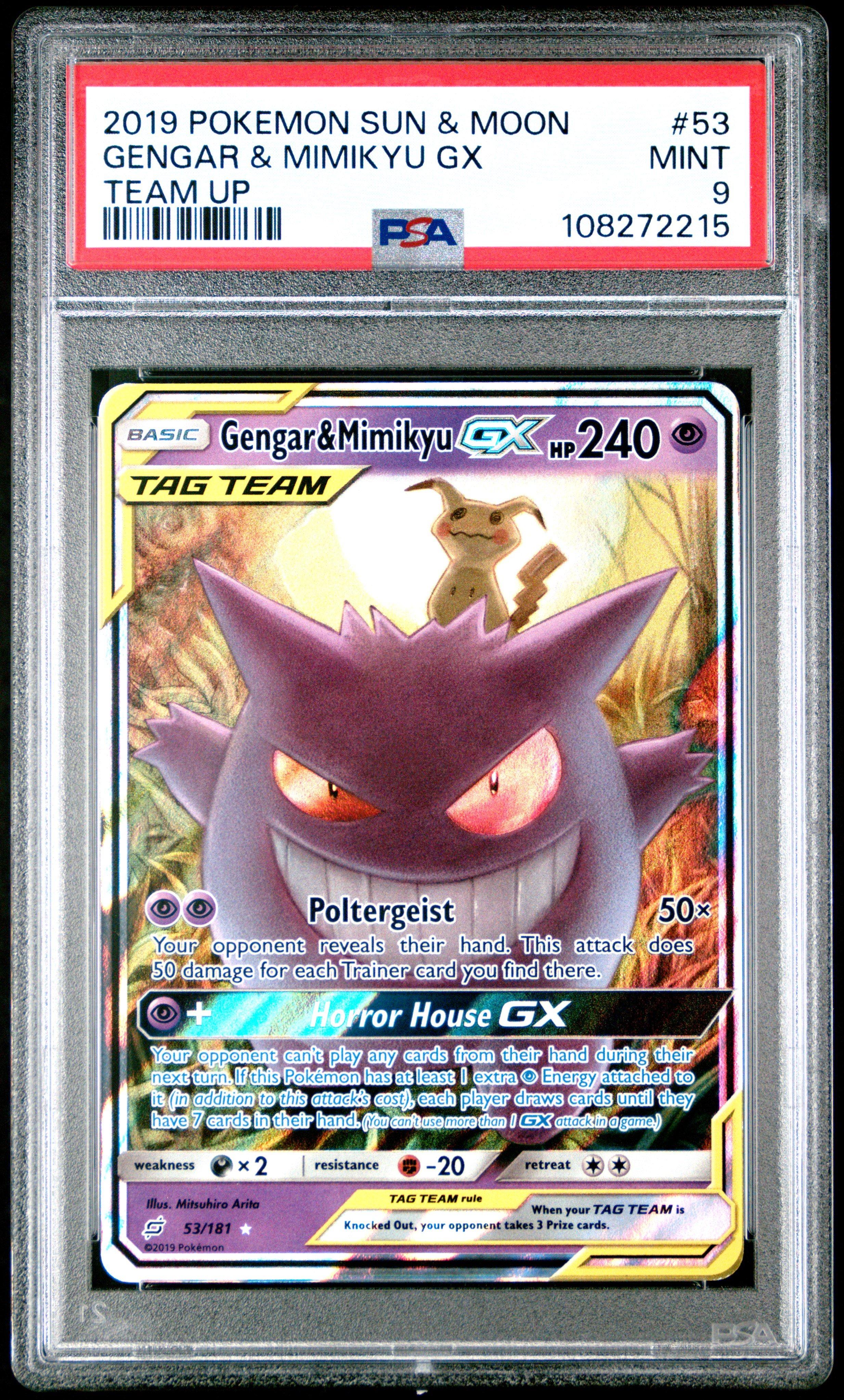 2019 Pokemon Sun & Moon Team Up 53 Gengar & Mimikyu Gx PSA 9